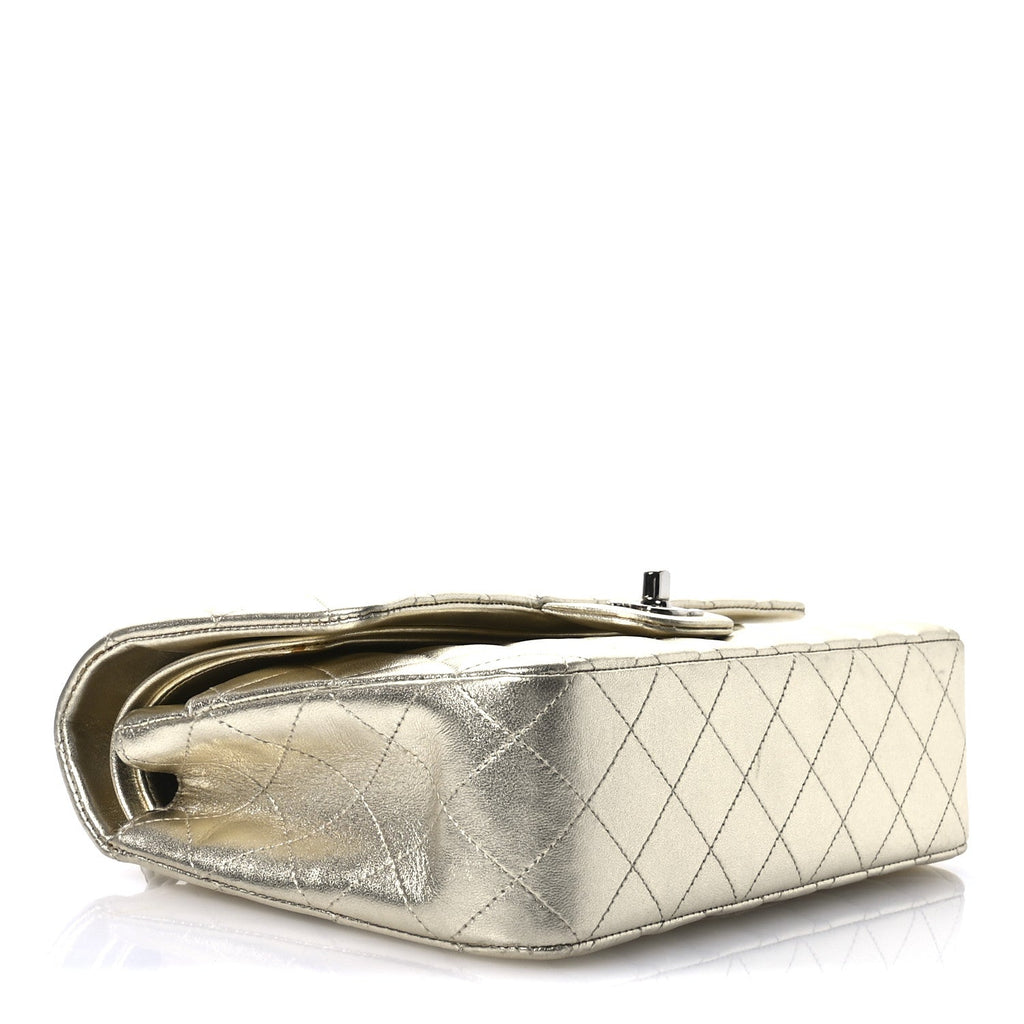 Metallic Lambskin Quilted Medium Double Flap Pale Gold