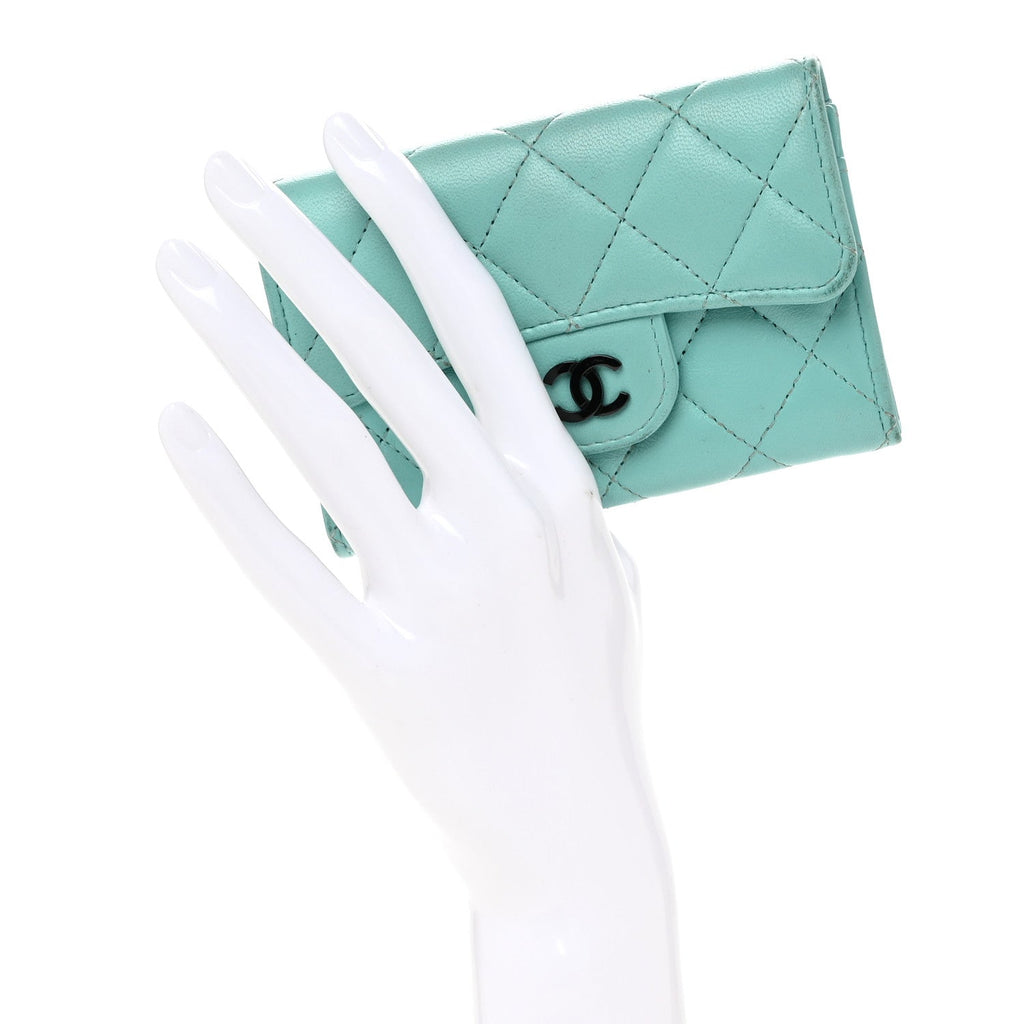 Lambskin Quilted Flap  Holder Wallet Turquoise