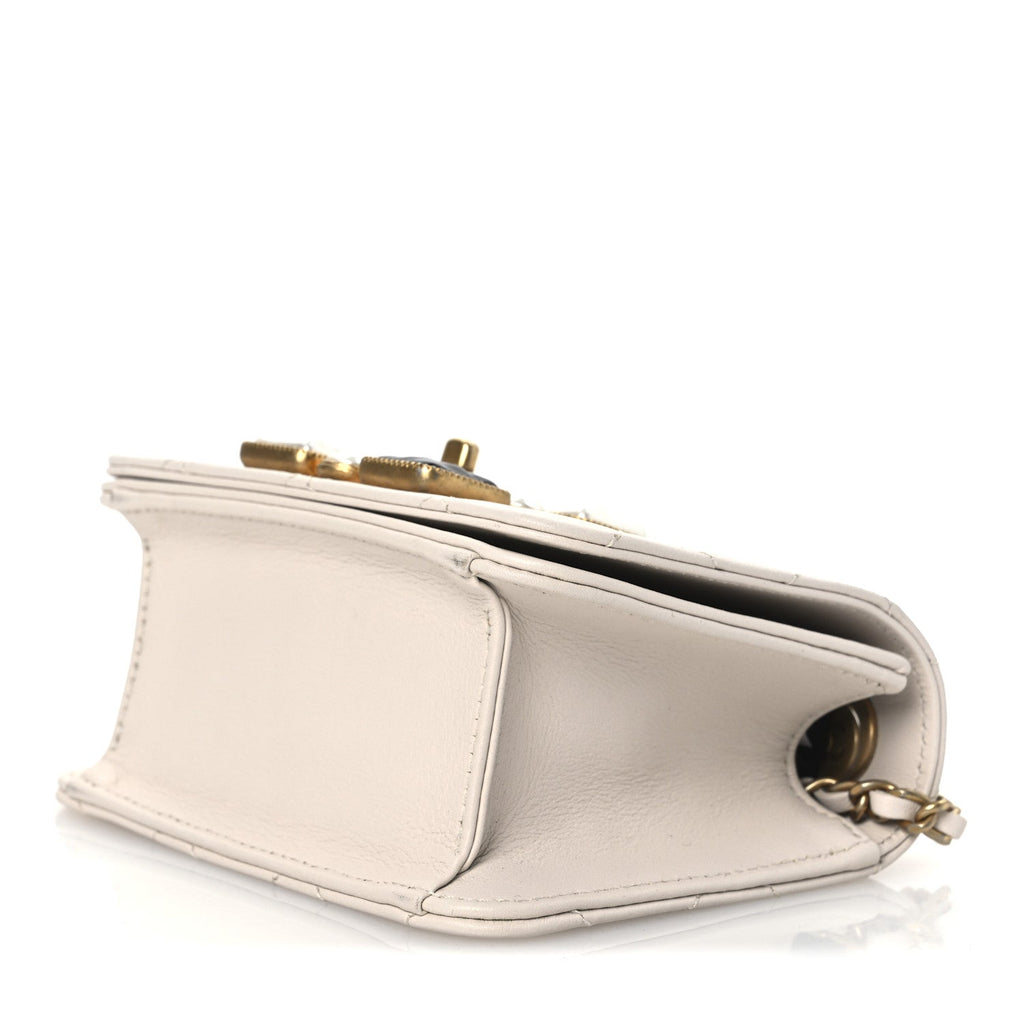 Calfskin Quilted Crystal Pearl Mini Flap Bag White