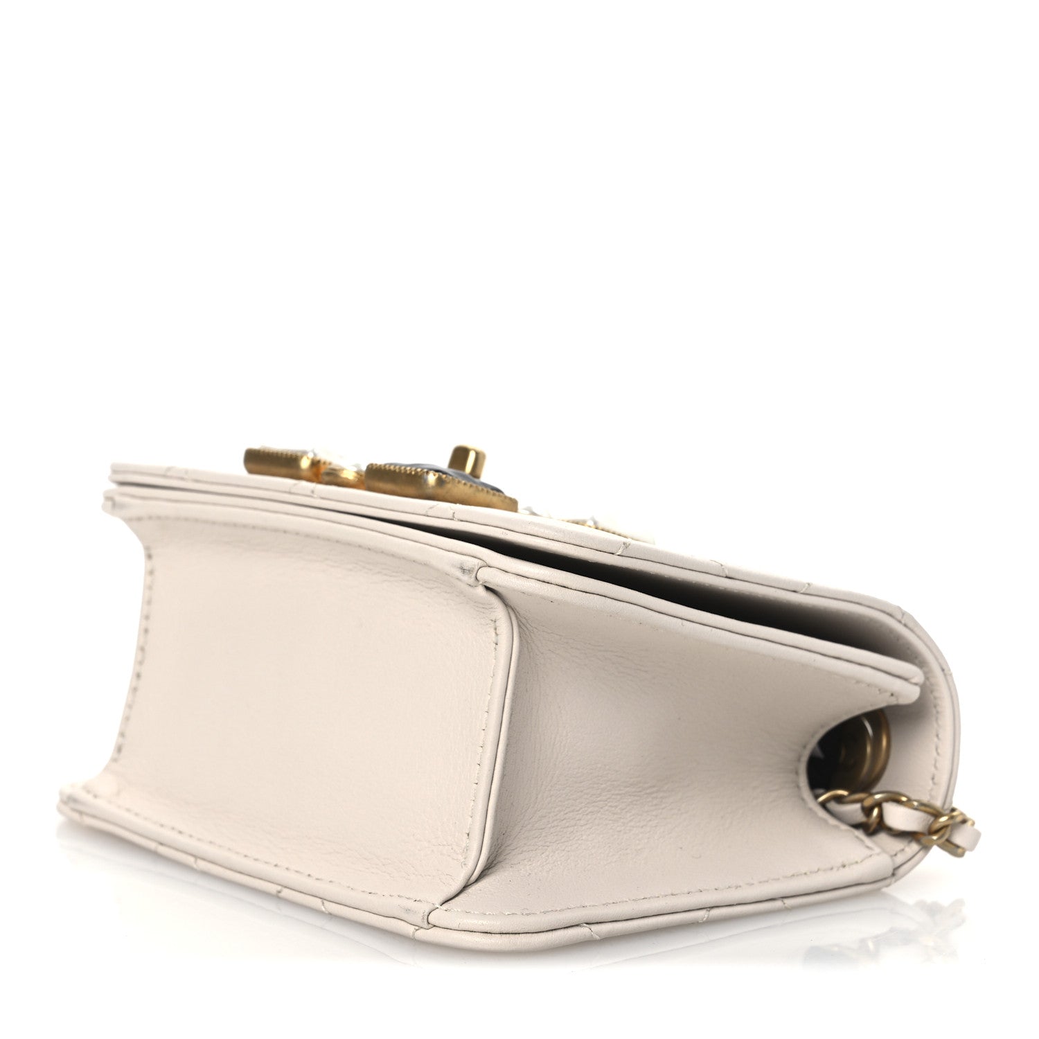 Calfskin Quilted Crystal Pearl Mini Flap Bag White