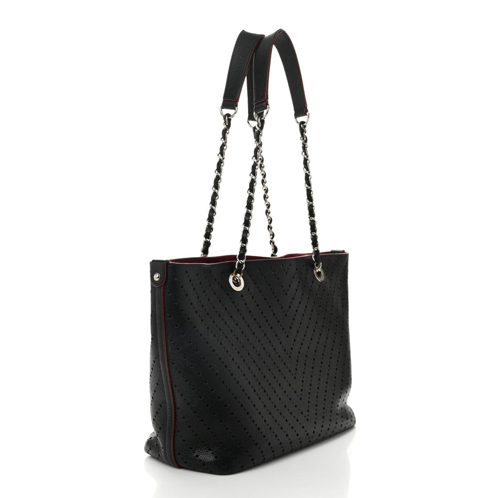 Perforated Grained Calfskin Large Shopping Tote Black
