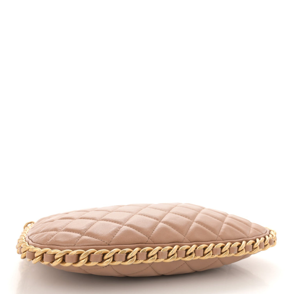 Shiny Crumpled Lambskin Quilted Large Trendy Chain Around Hobo Dark Beige