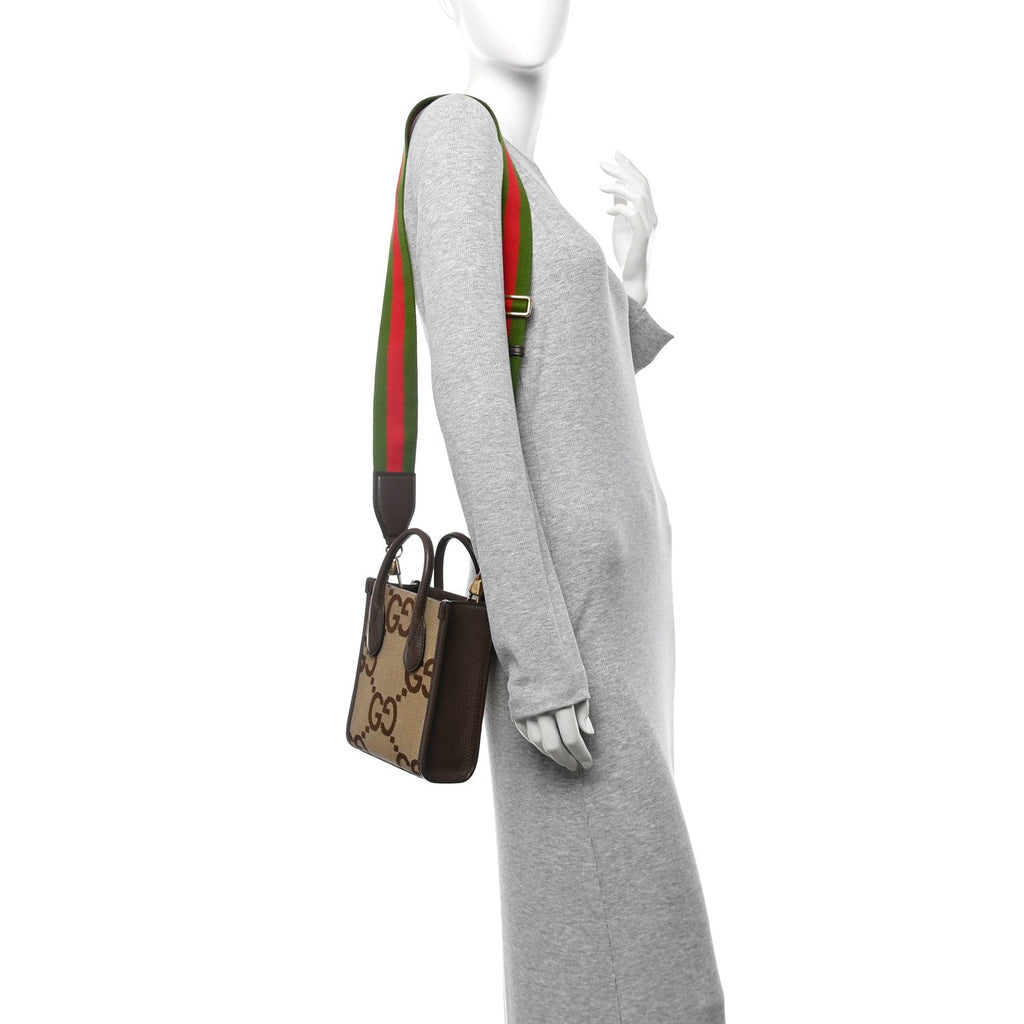 Monogram Jumbo GG Textured Dollar Calfskin Web Mini Vertical Tote Camel Ebony New Acero
