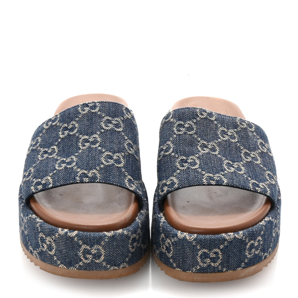 Jacquard Black Denim GG Monogram Angelina Platform 55mm Slide Sandals 37 Blue Tea