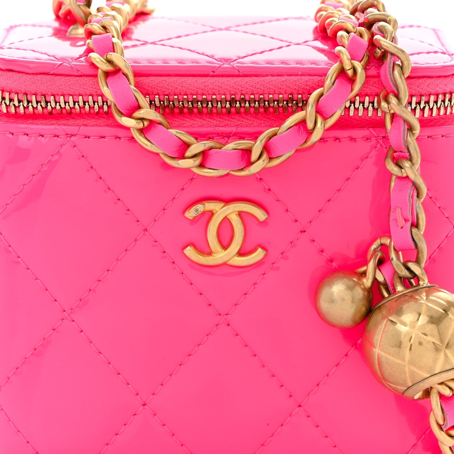Patent Quilted Pearl Crush Mini Vanity Case With Chain Neon Pink