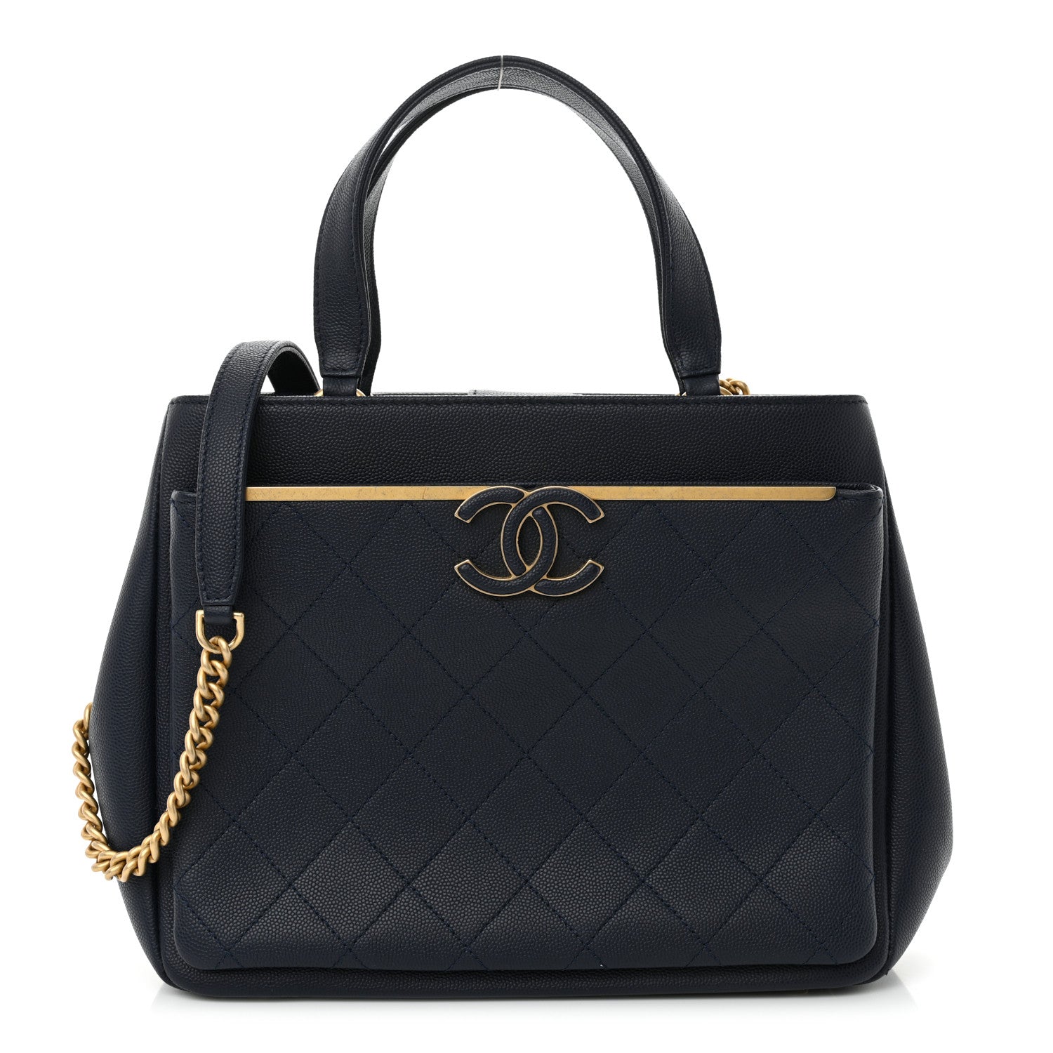 Grained Calfskin Stitched Small Lady Coco Top Handle Tote Navy