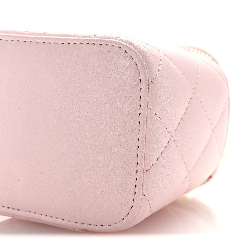 Lambskin Quilted Mini Vanity Case With Pearl Chain Light Pink