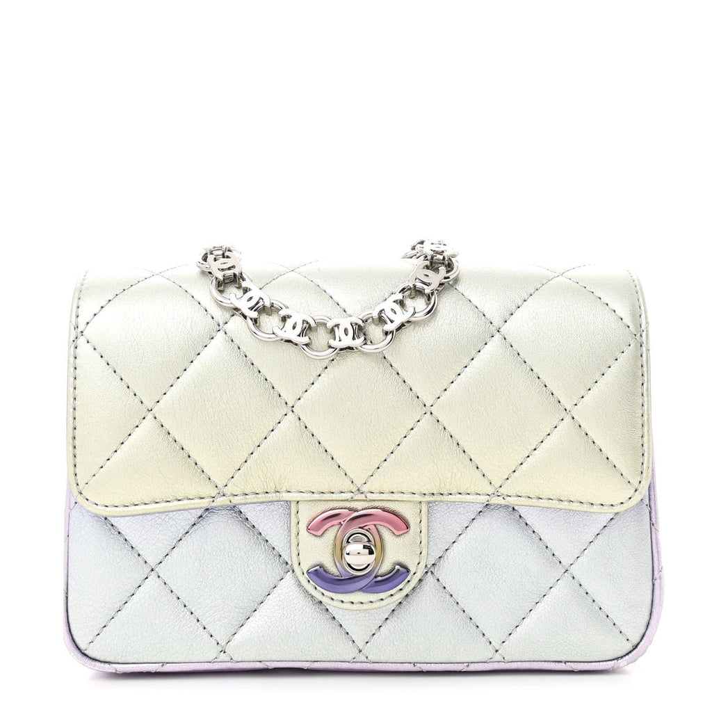 Gradient Metallic Calfskin Quilted Clutch Silver Blue Yellow Purple