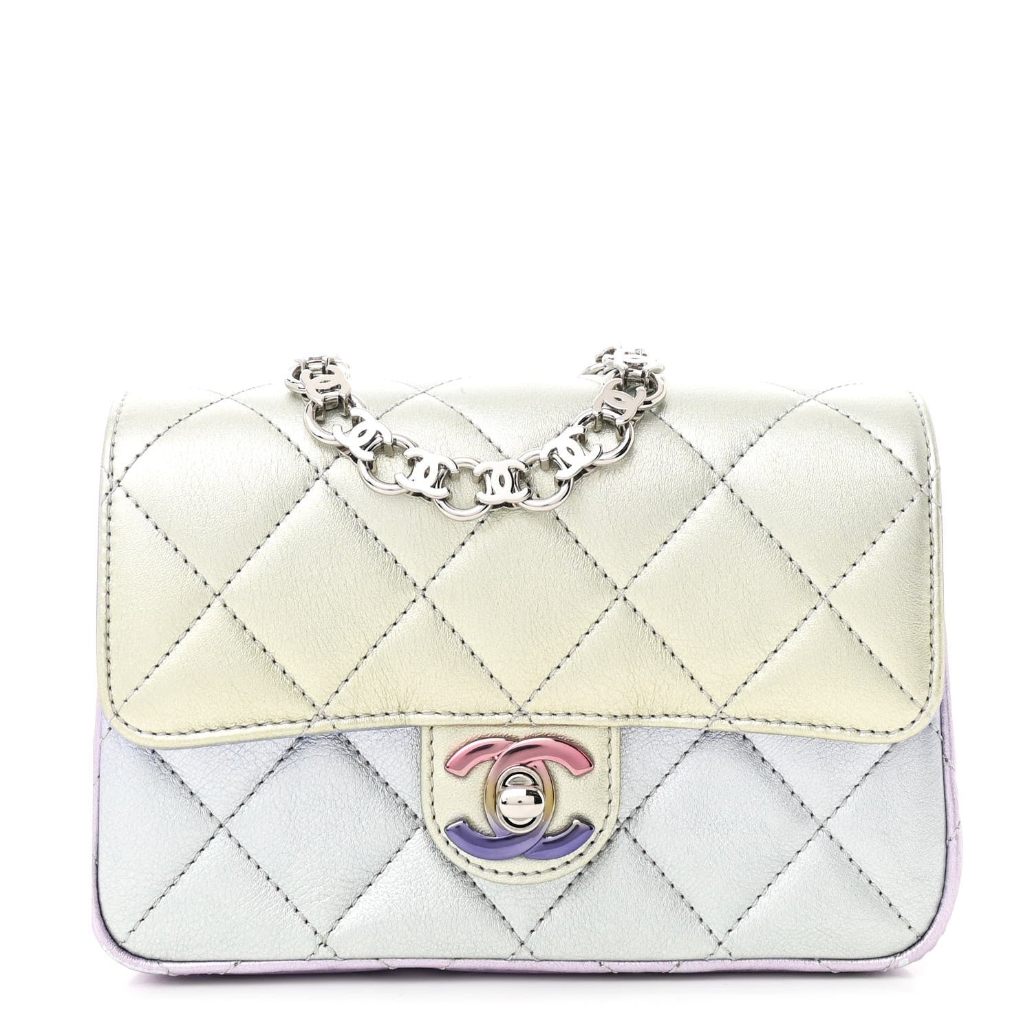 Gradient Metallic Calfskin Quilted Clutch Silver Blue Yellow Purple