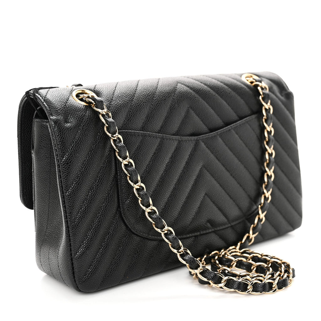 Caviar Chevron Quilted Medium Double Flap Black