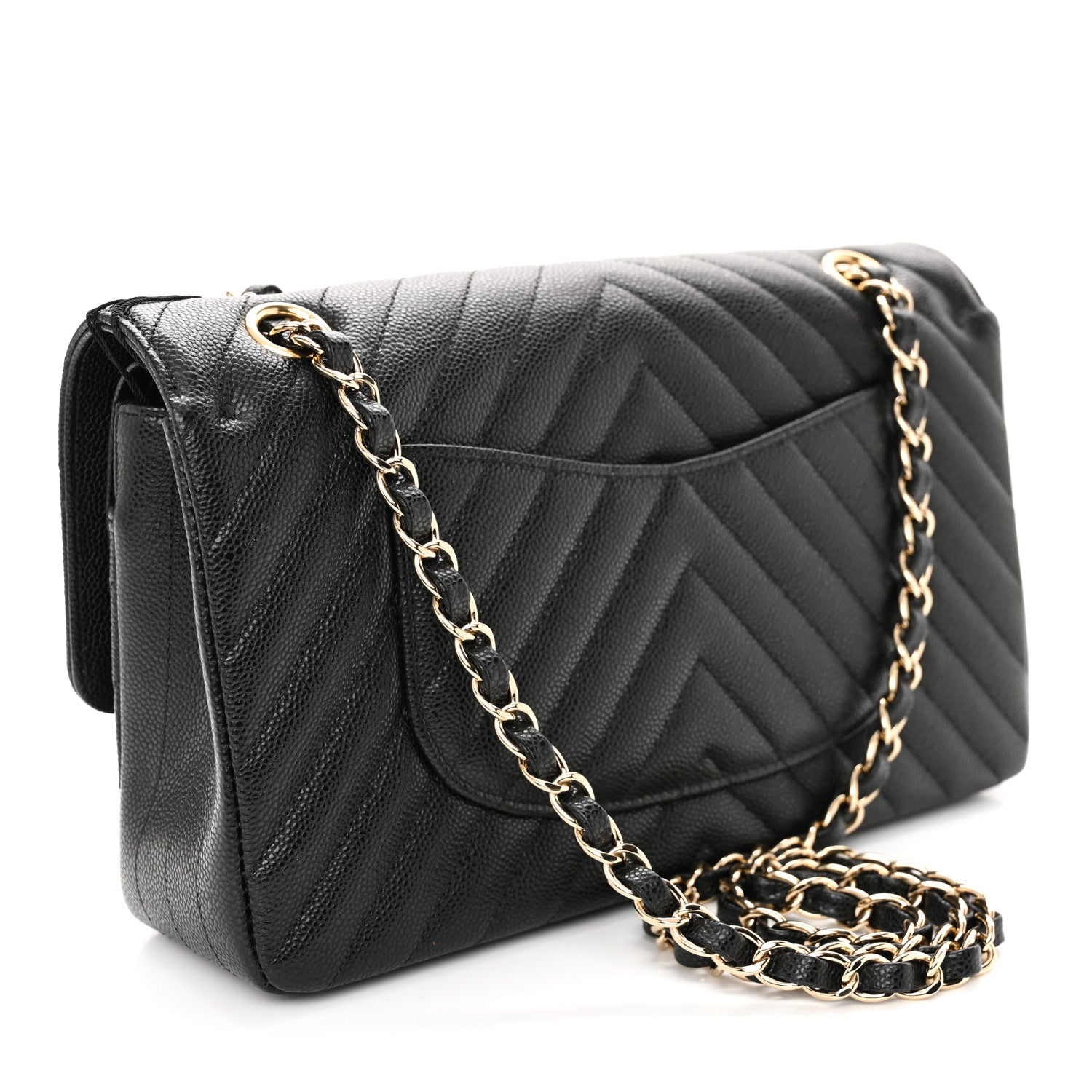 Caviar Chevron Quilted Medium Double Flap Black