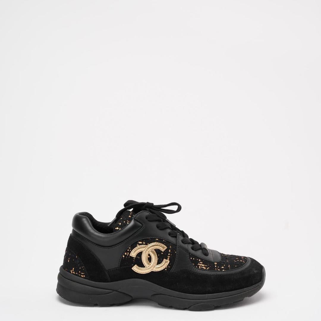 Chanel Black Leather and Suede Lace Up Sneakers 39 ½