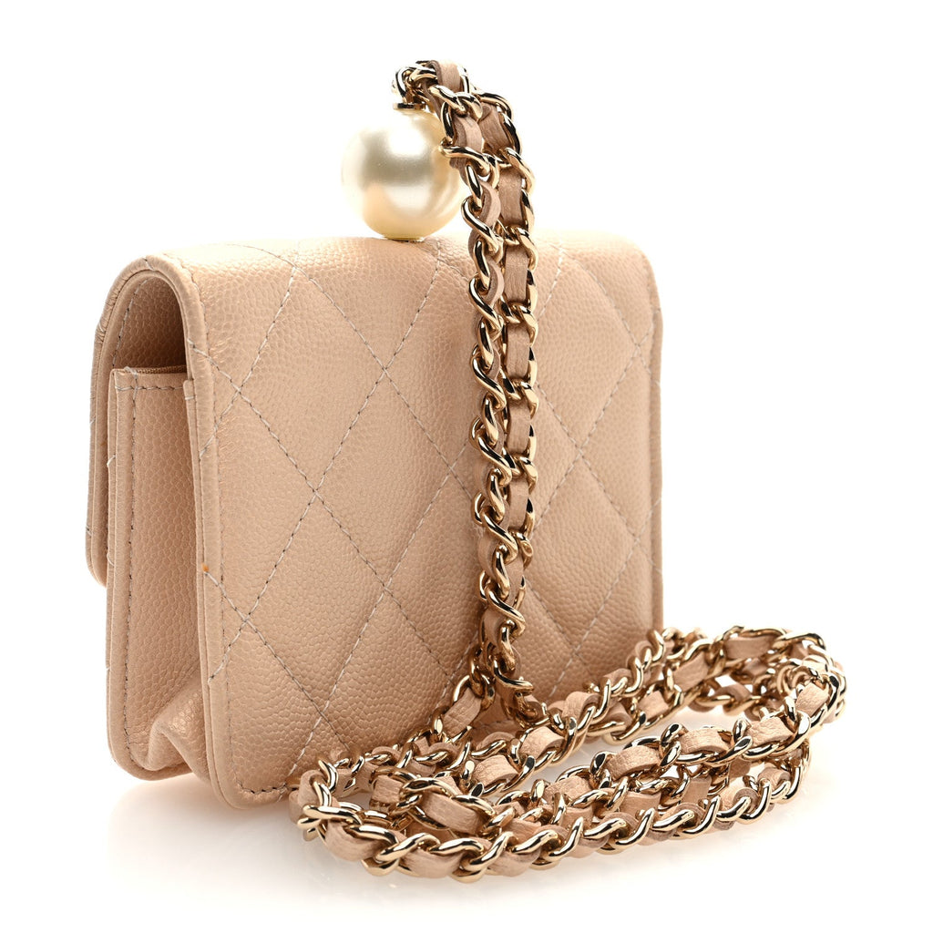 Iridescent Caviar Quilted Pearl  Holder On Chain Beige