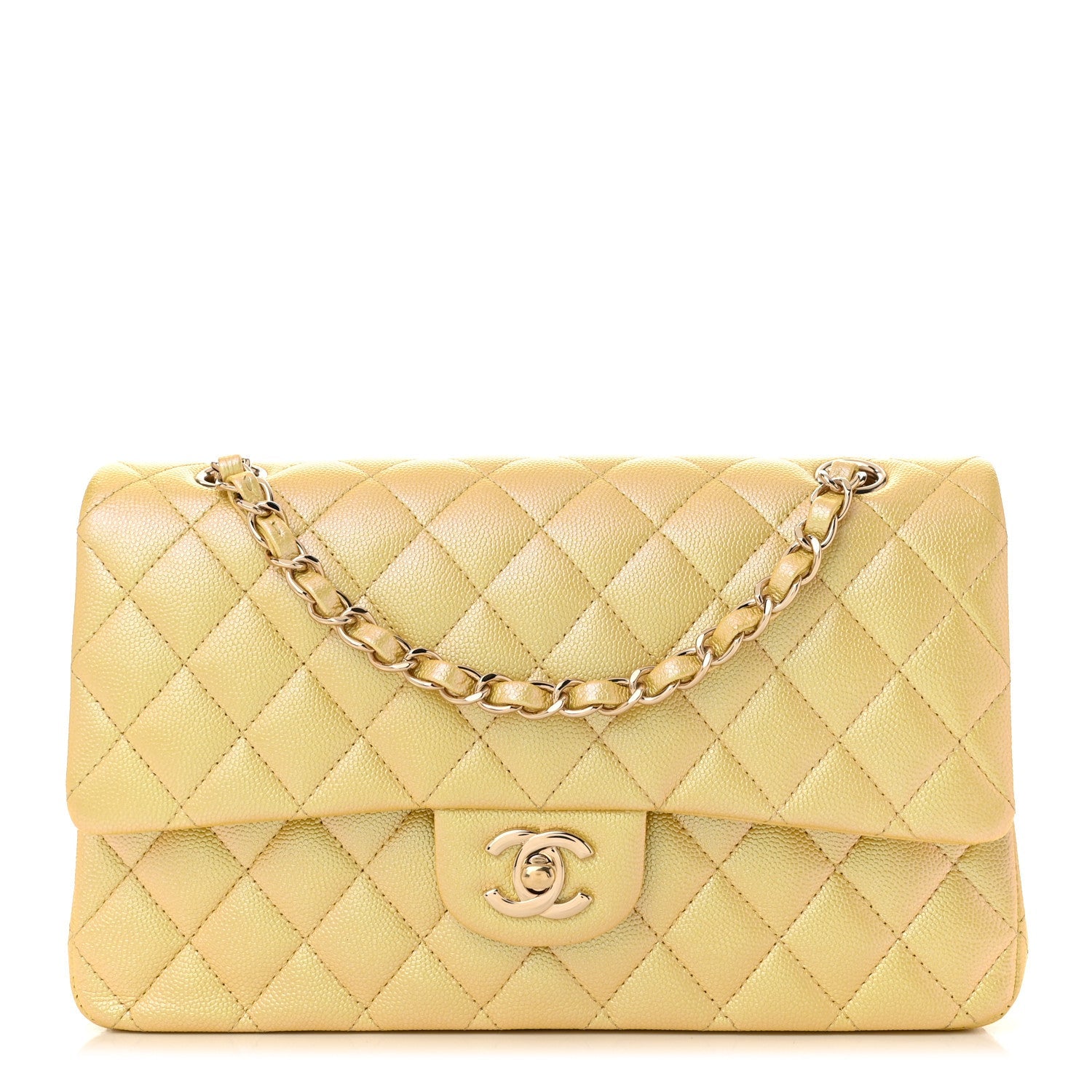 Iridescent Caviar Quilted Medium Double Flap Yellow