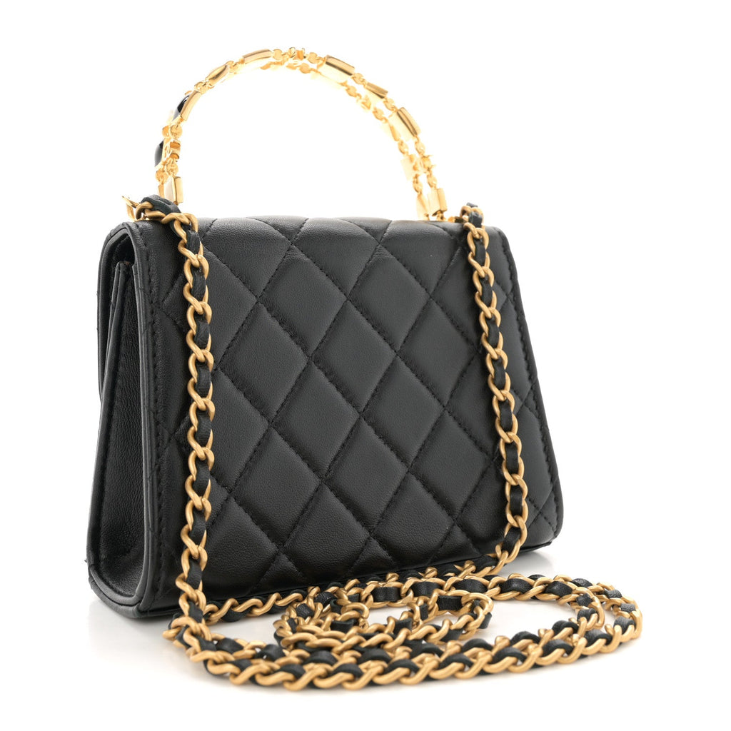 Lambskin Enamel Quilted Top Handle Flap With Chain Black