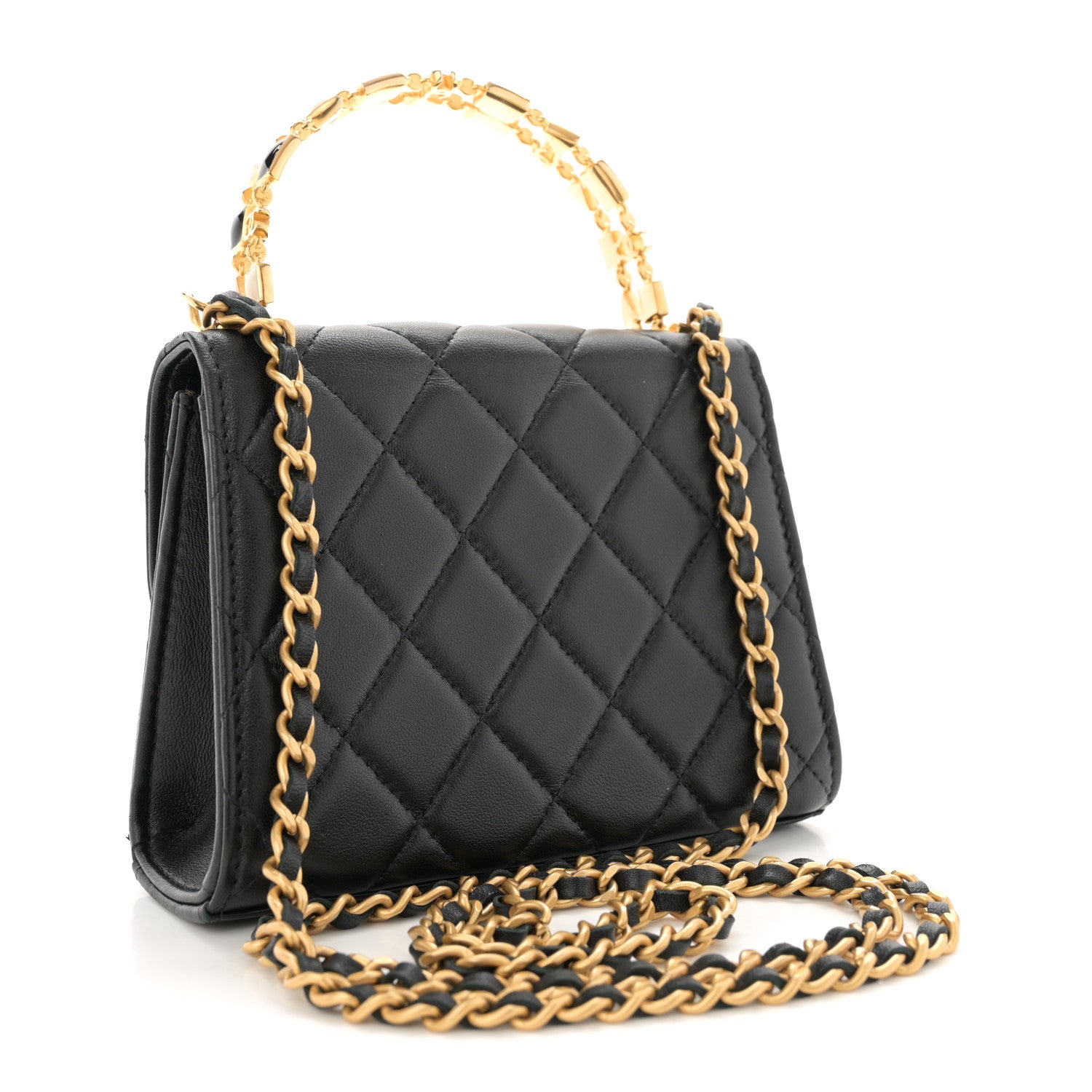 Lambskin Enamel Quilted Top Handle Flap With Chain Black