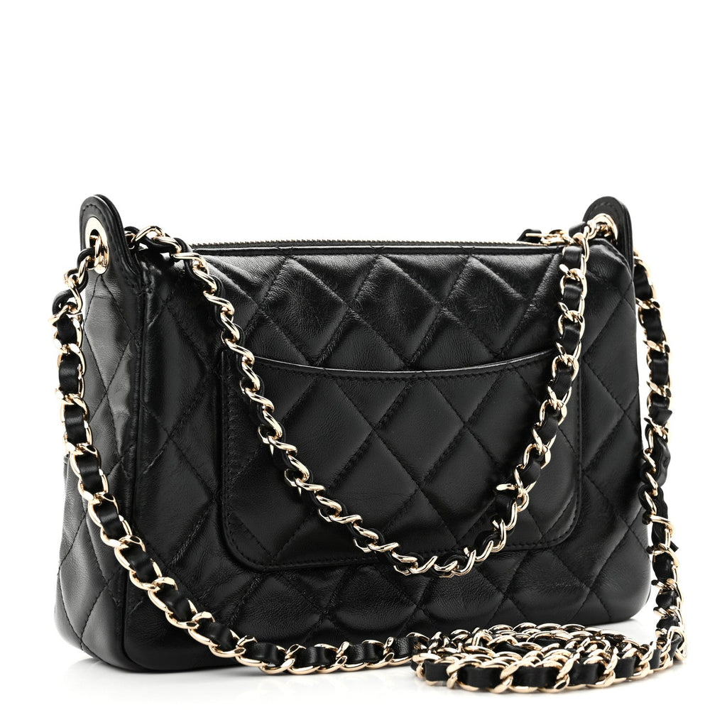 Shiny Crumpled Lambskin Quilted Mini Preppy Pocket Clutch With Chain Black