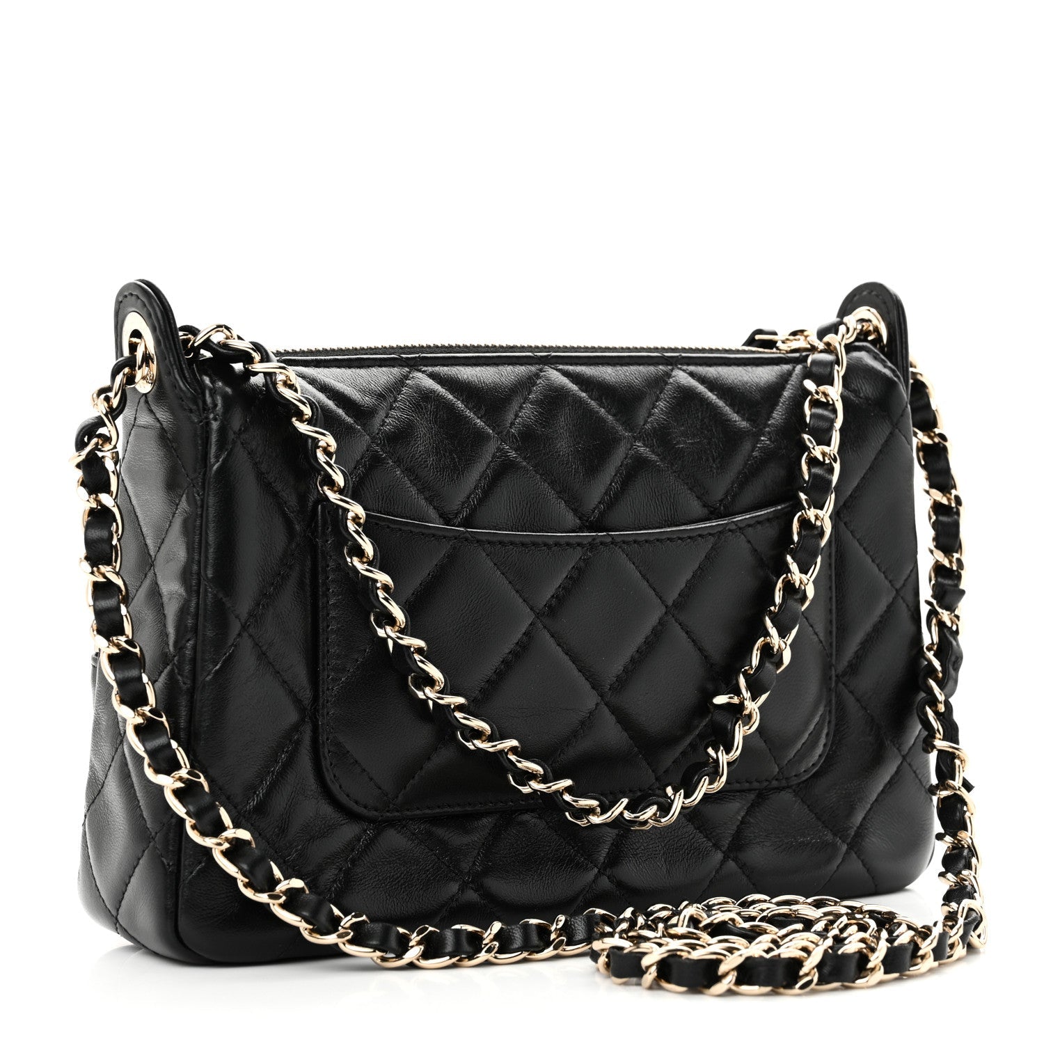 Shiny Crumpled Lambskin Quilted Mini Preppy Pocket Clutch With Chain Black