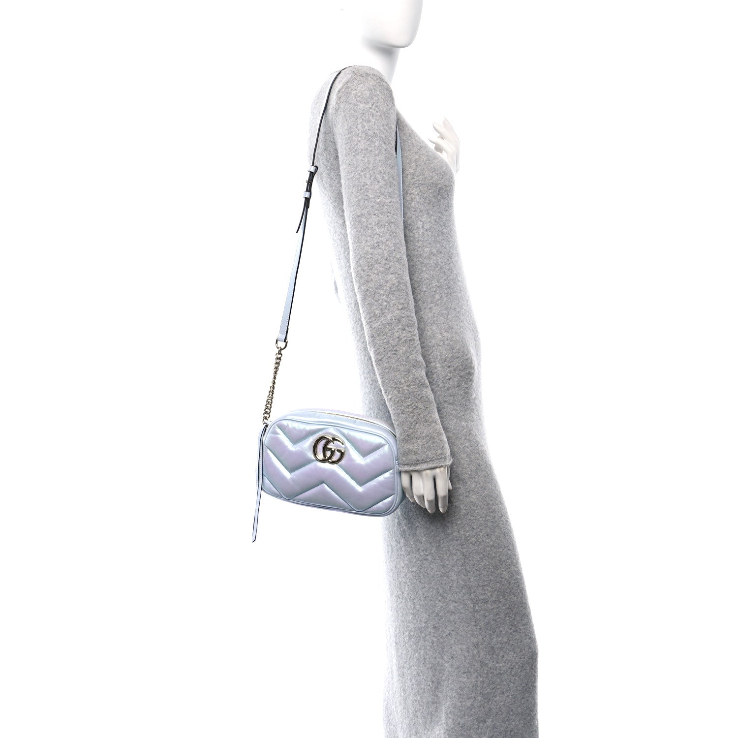 Iridescent Nappa Chevron Matelasse Small GG Marmont Chain Shoulder Bag Iridescent Snow Light Blue