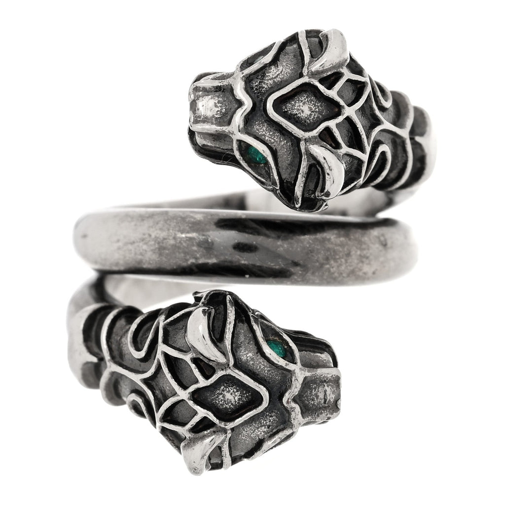 Tiger Head Swarovski Crystals Ring 15 Silver Green
