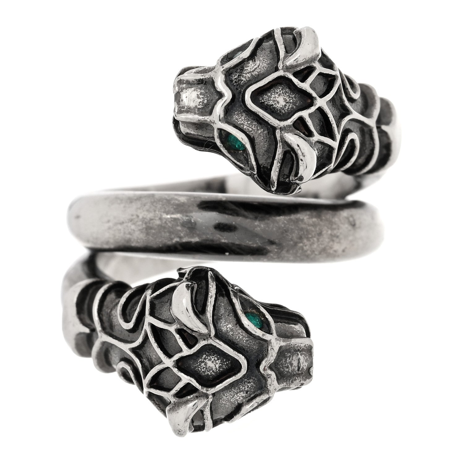 Tiger Head Swarovski Crystals Ring 15 Silver Green