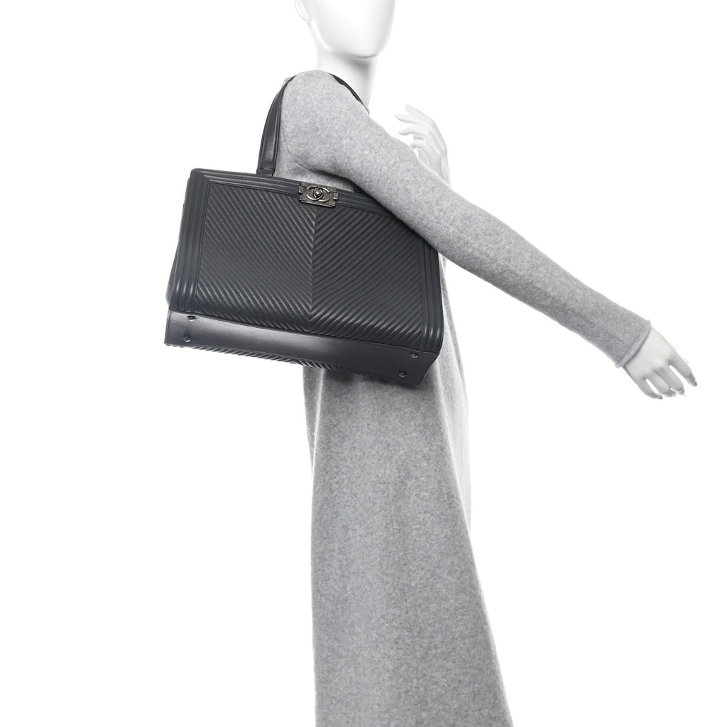 Calfskin Chevron Quilted Boy Shopping Tote Grey
