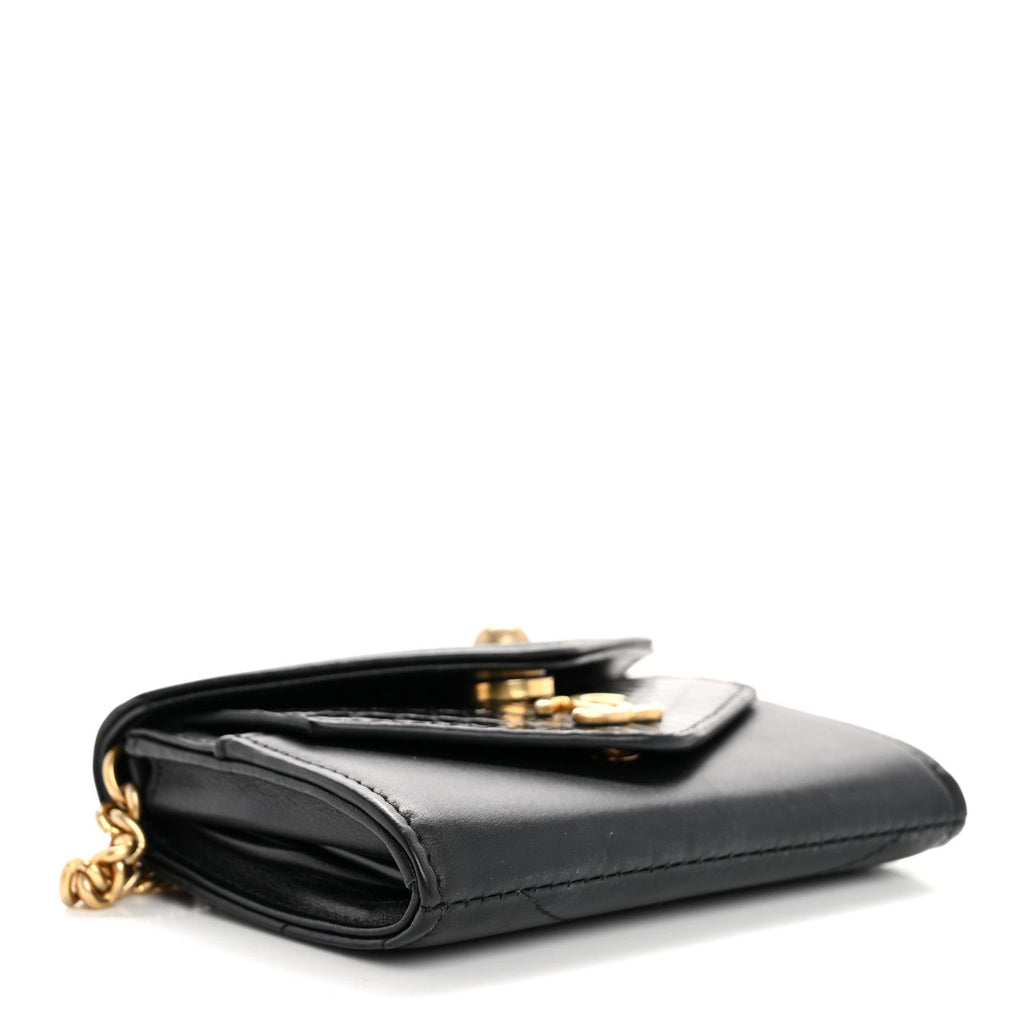 Snakeskin Calfskin Embossed Chevron Quilted CC Chain Wallet Black