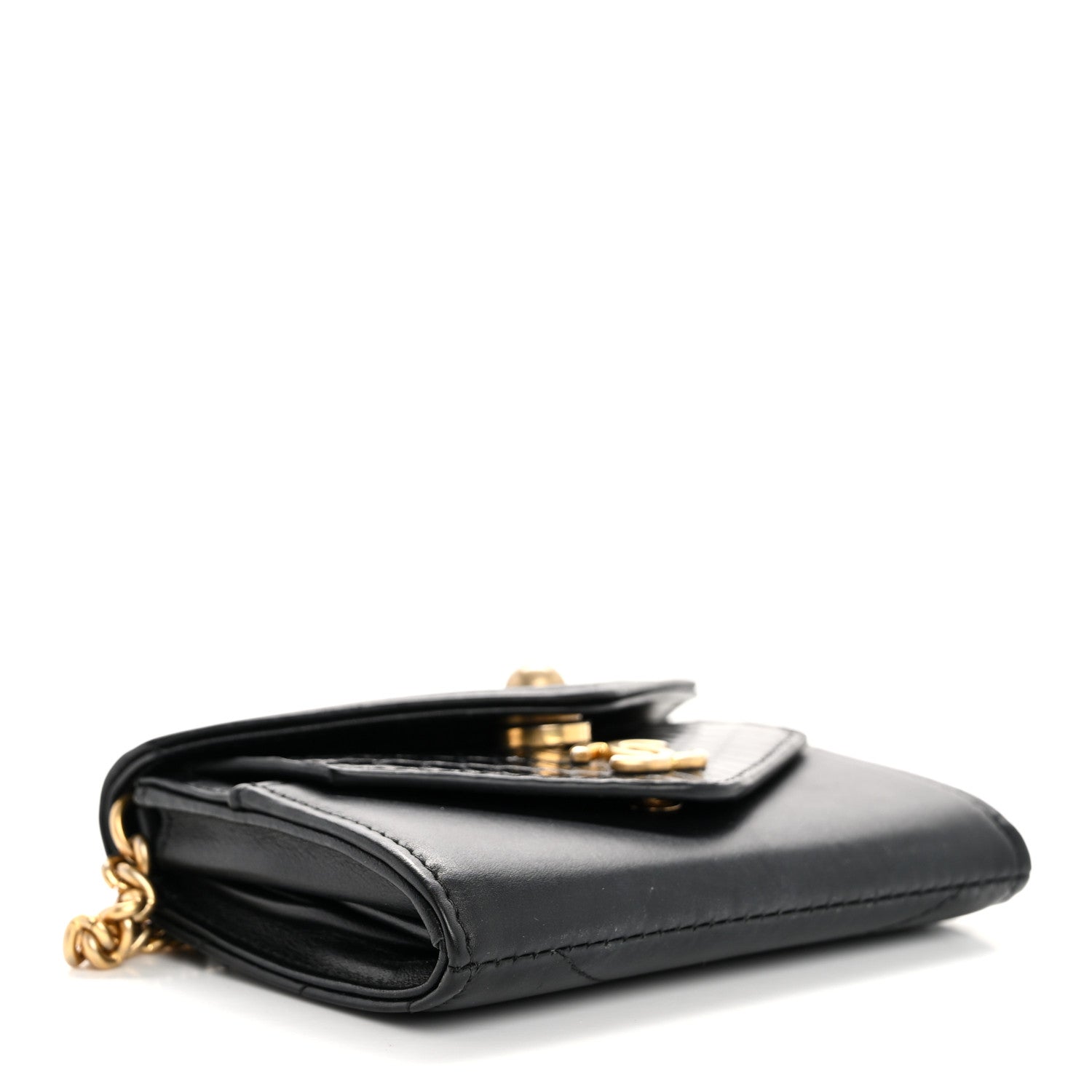 Snakeskin Calfskin Embossed Chevron Quilted CC Chain Wallet Black