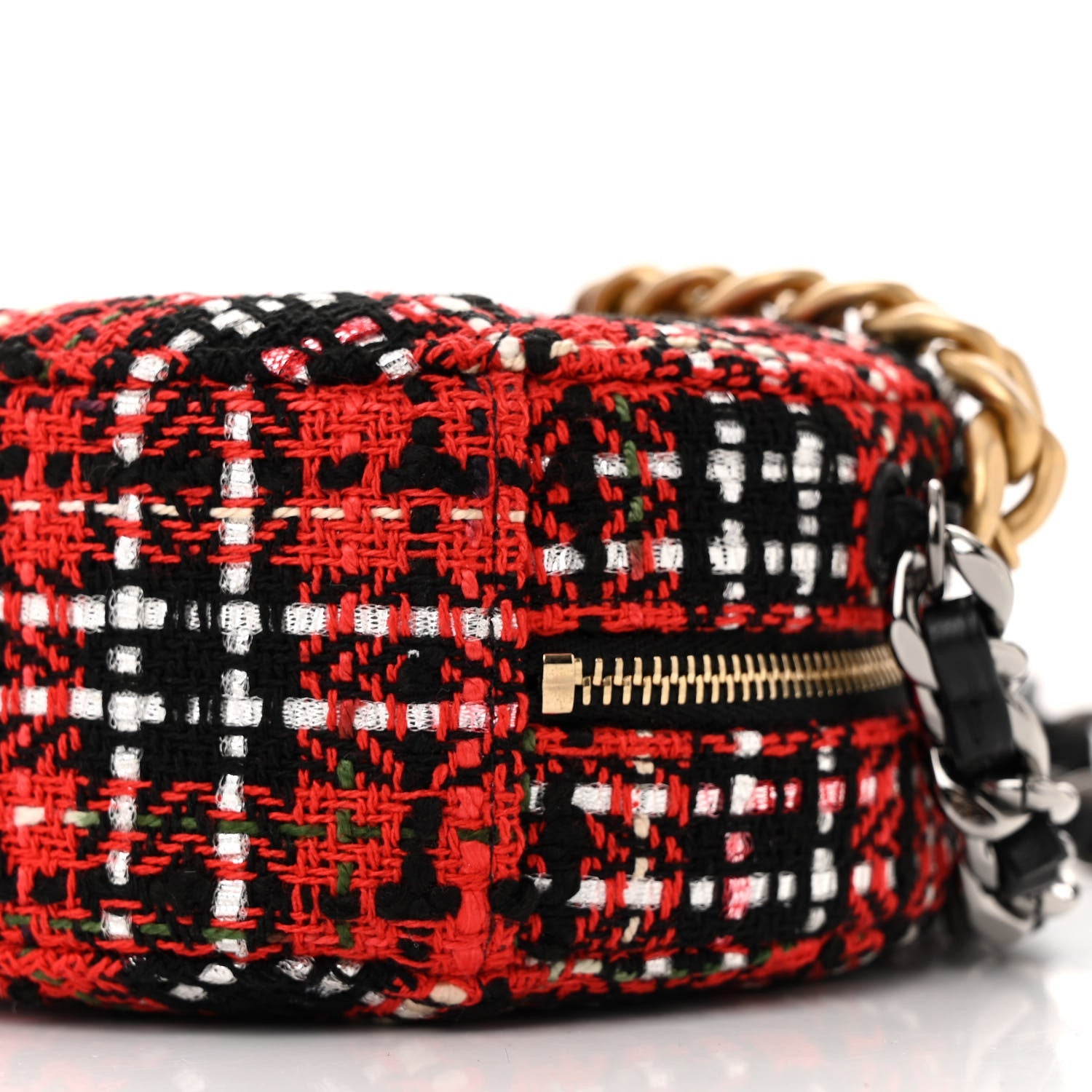 Tweed Quilted Chanel 19 Round Clutch With Chain  Red Black White Green