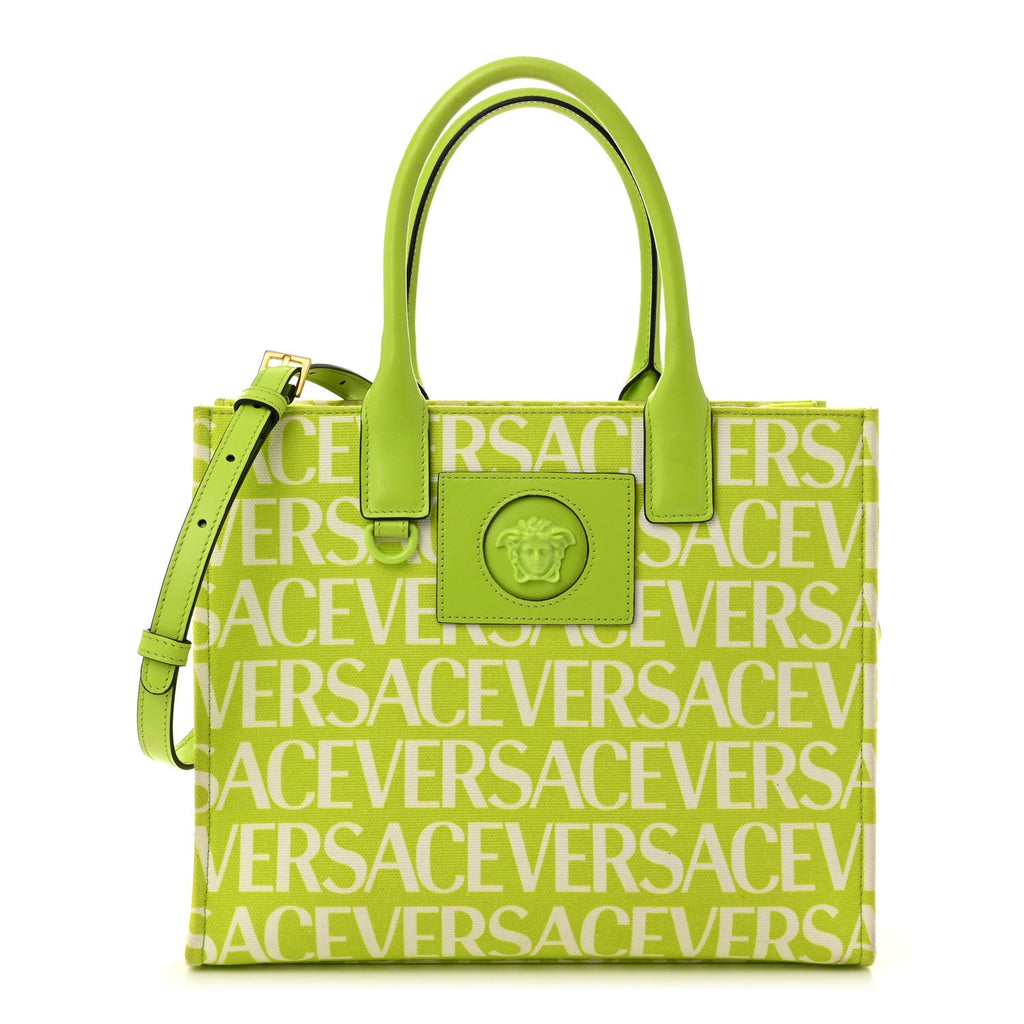 Canvas Calfskin Allover La Medusa Small Tote Green