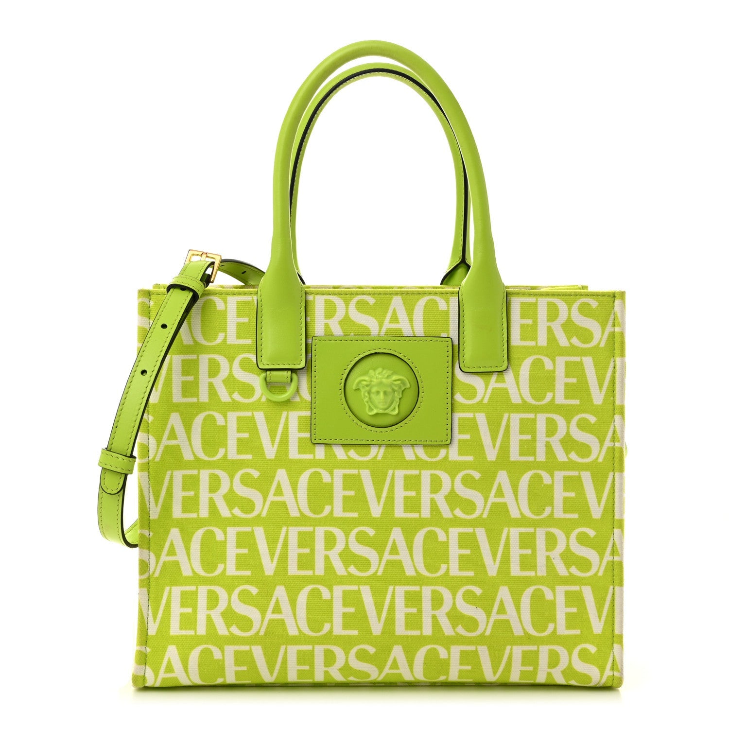Canvas Calfskin Allover La Medusa Small Tote Green