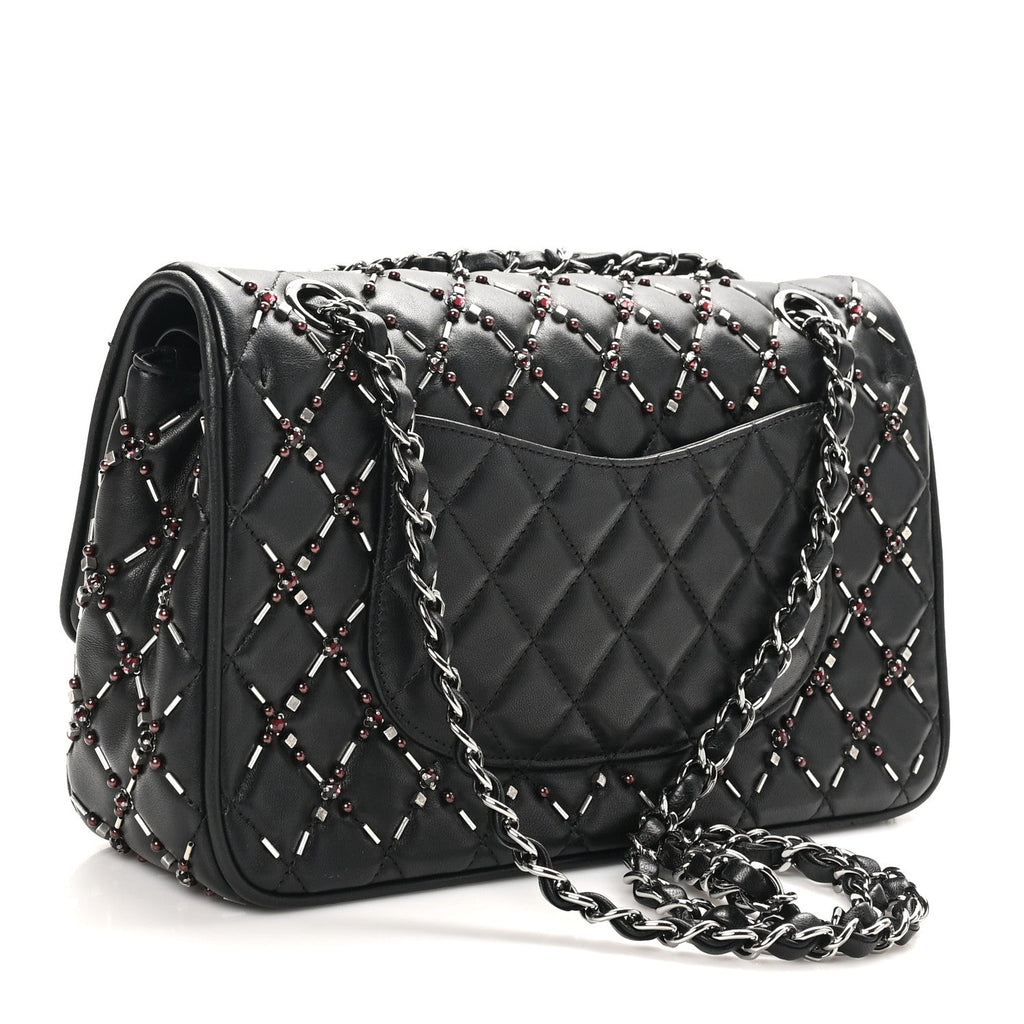 Lambskin Quilted Beaded Medium Double Flap Black