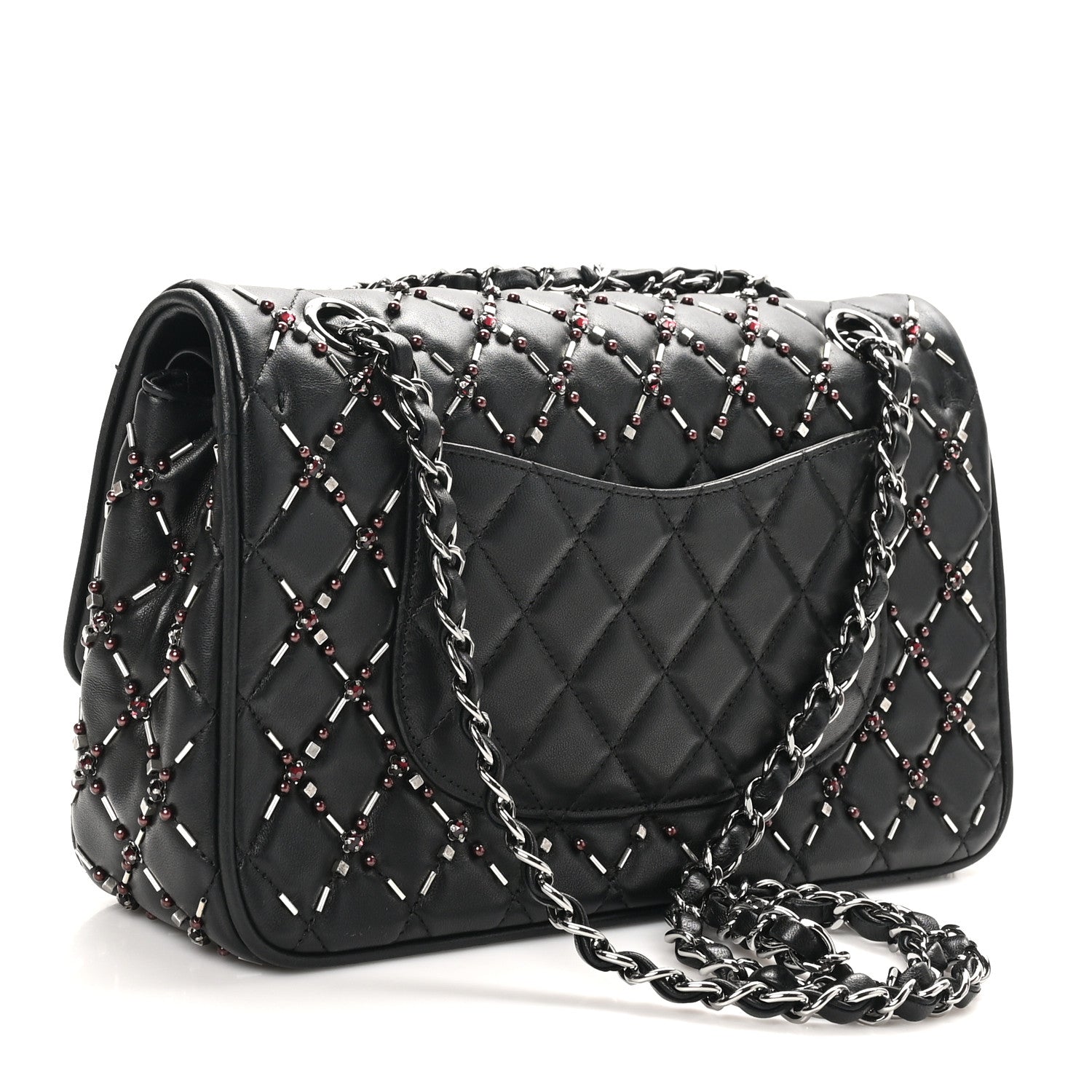 Lambskin Quilted Beaded Medium Double Flap Black