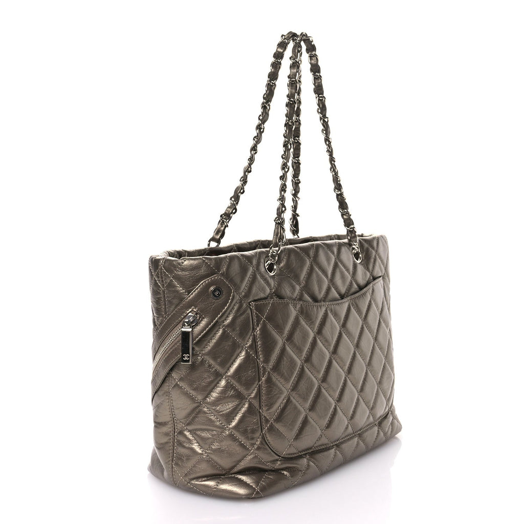 Metallic Aged Calfskin Quilted Large Cotton Club Tote Bronze