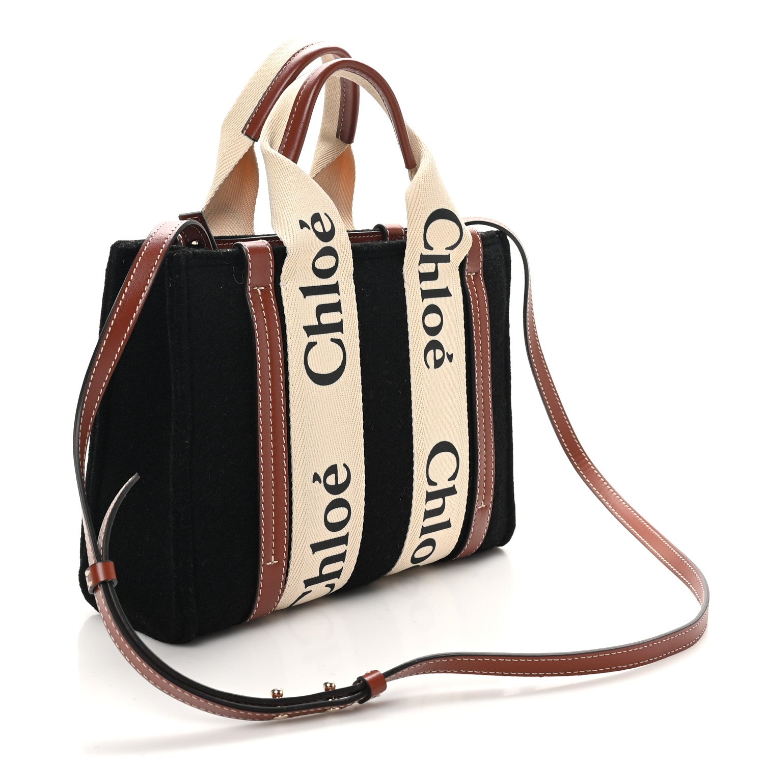 Felt Calfskin Small Woody Ribbon Tote With Strap Black