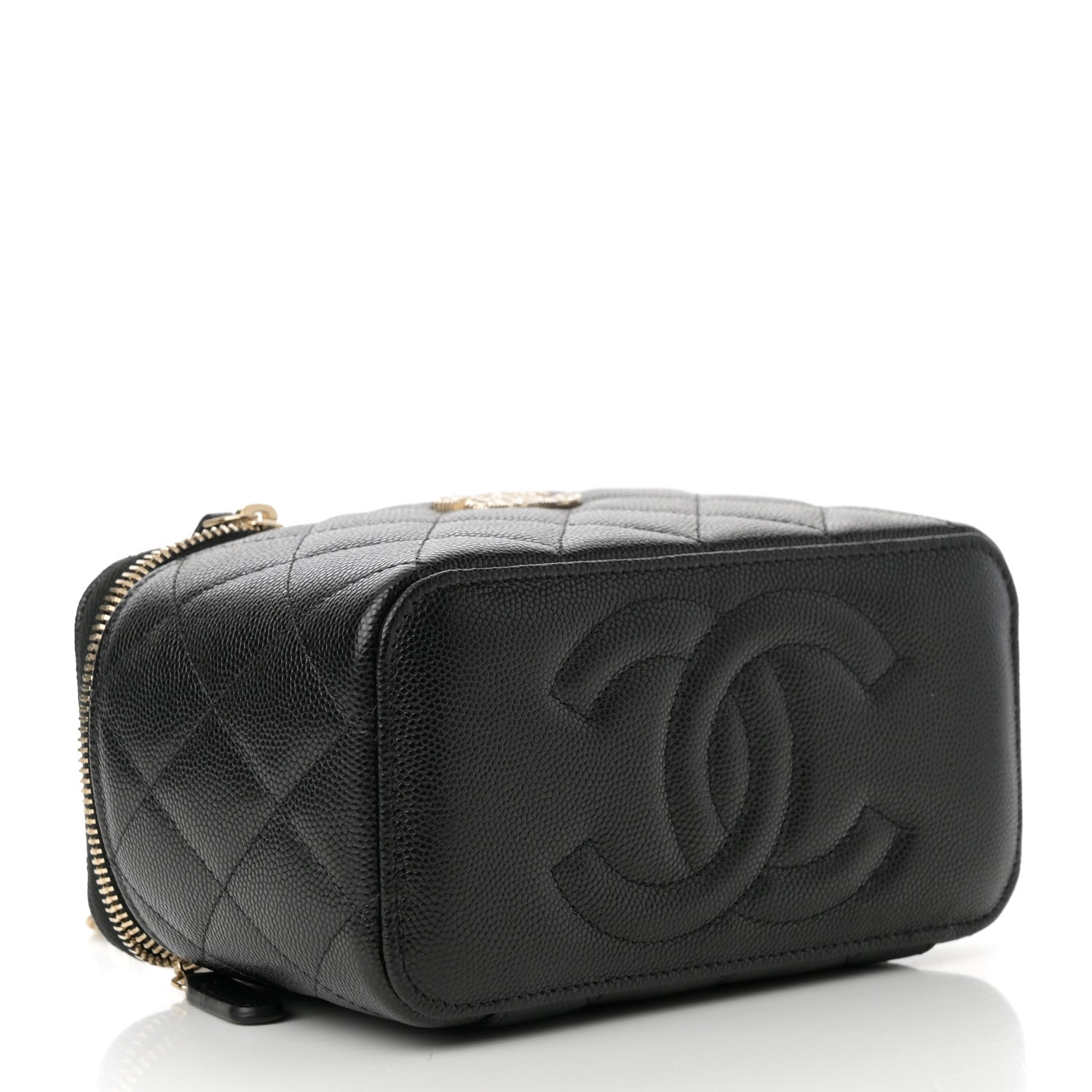 Caviar Quilted Crystal Hearts Small Vanity Case With Chain Black