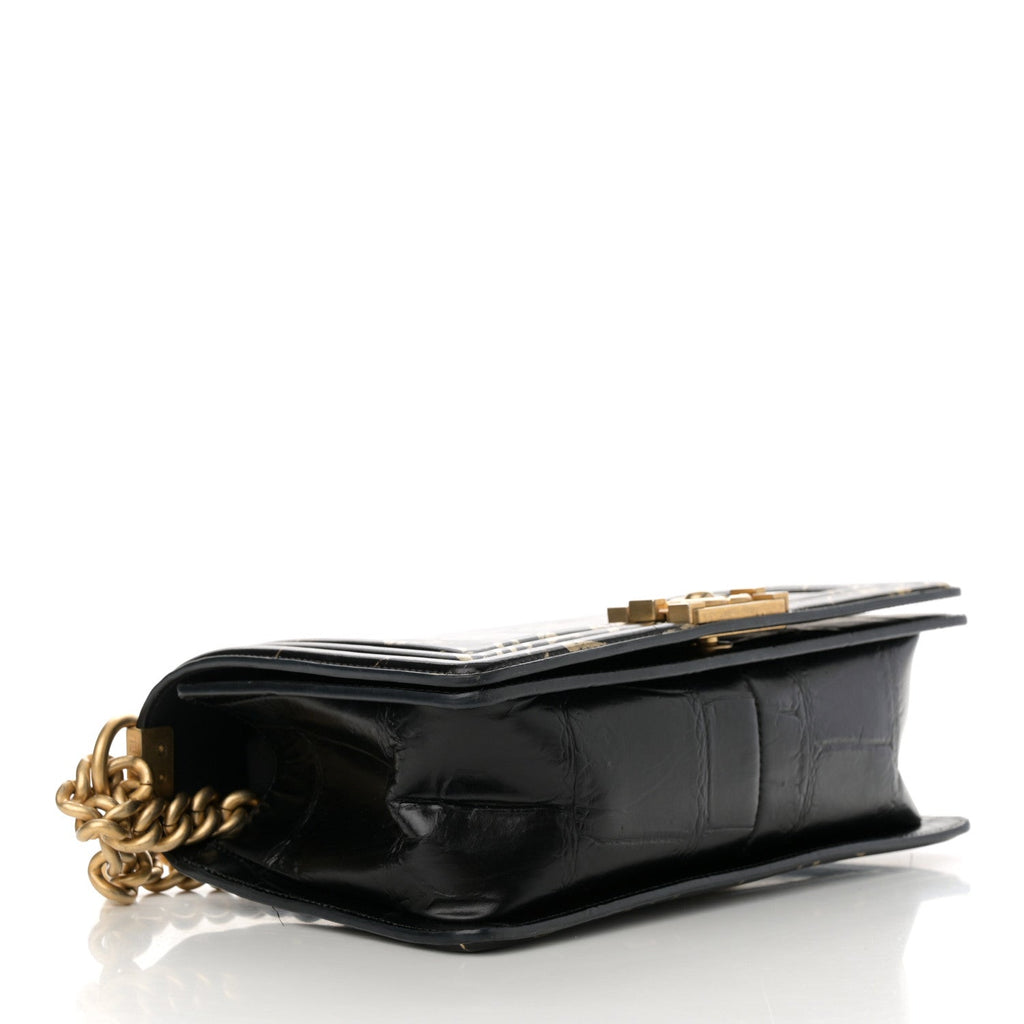 Calfskin Crocodile Embossed Graffiti Cocodile Medium Boy Flap Black Gold