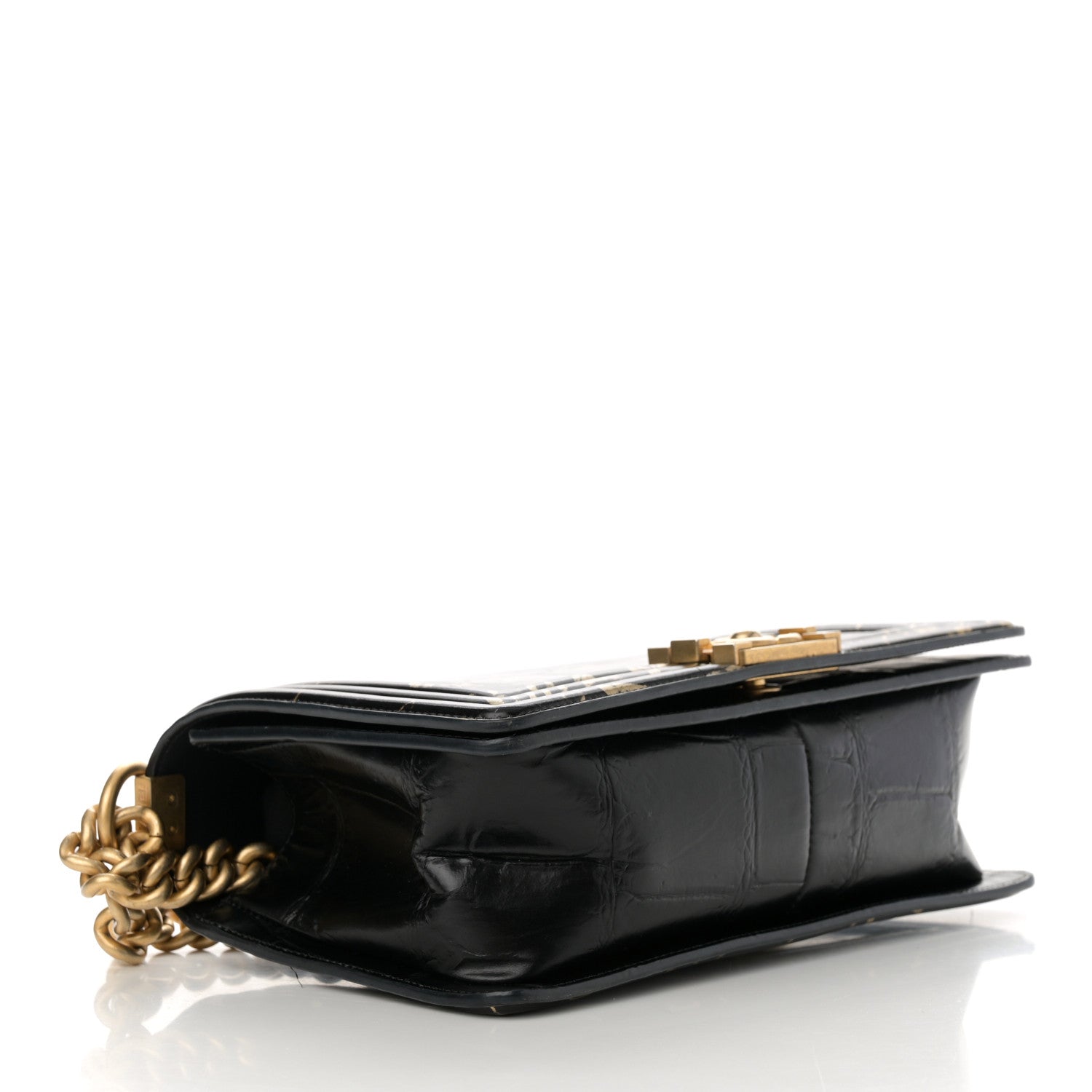 Calfskin Crocodile Embossed Graffiti Cocodile Medium Boy Flap Black Gold