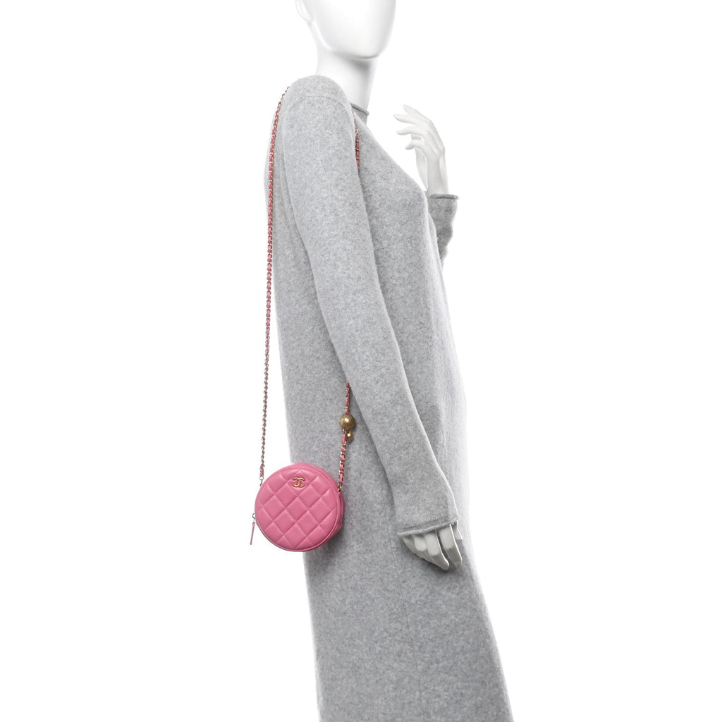 Lambskin Quilted Round Pearl Crush Clutch With Chain Pink