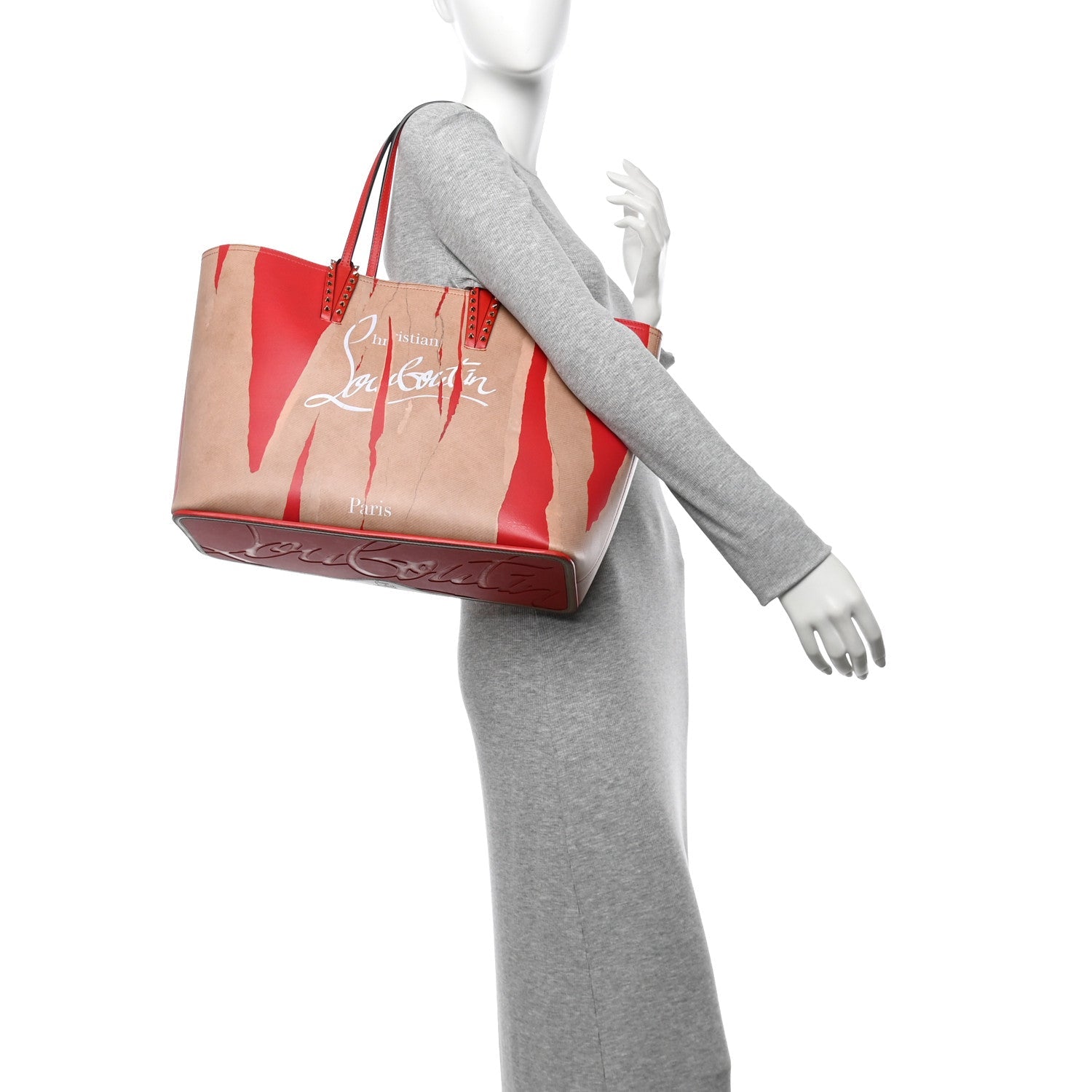 Calfskin Spikes Loubi Print East West Cabata Tote Kraft Red