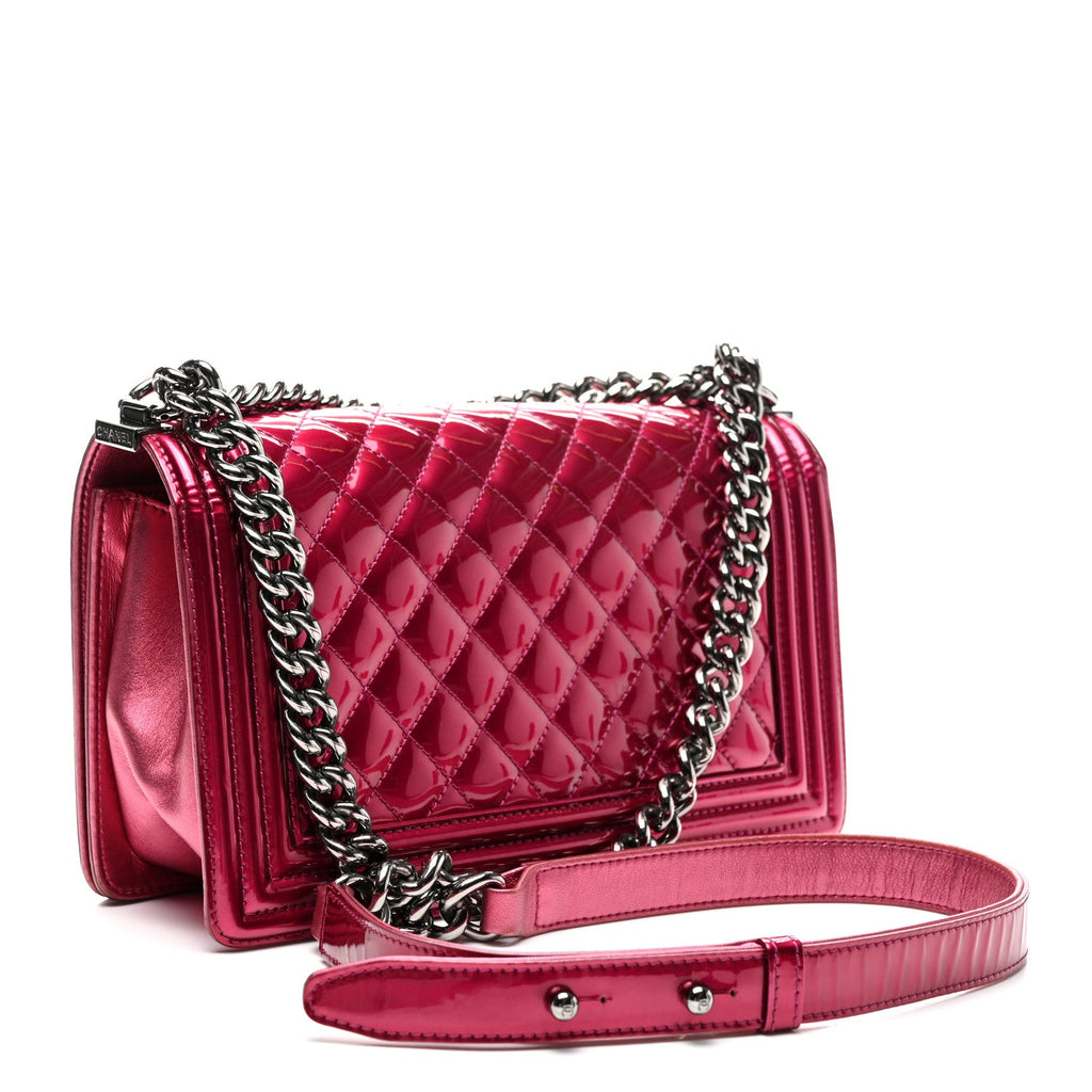 Metallic Patent Calfskin Quilted Medium Boy Flap Pink