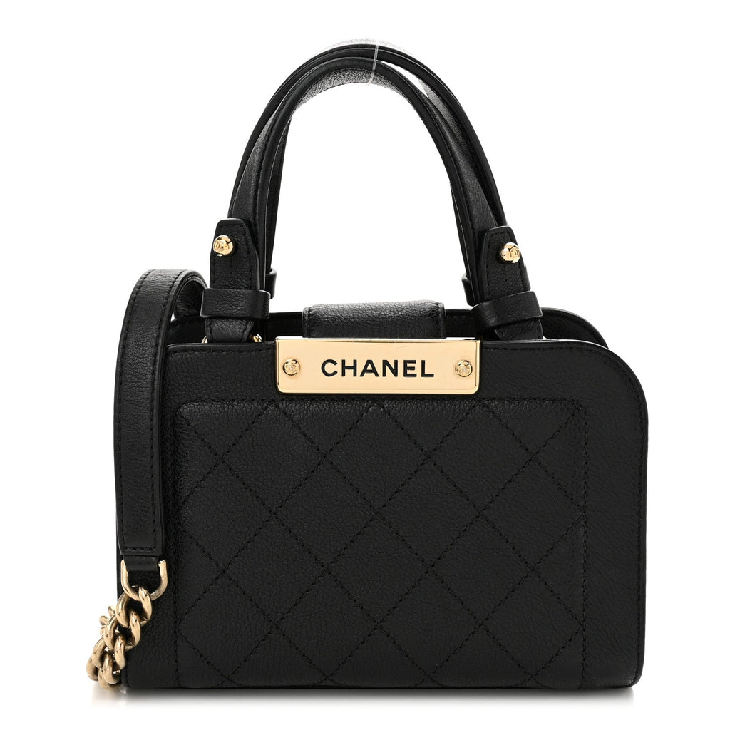 Grained Calfskin Stitched Mini Label  Shopper Black