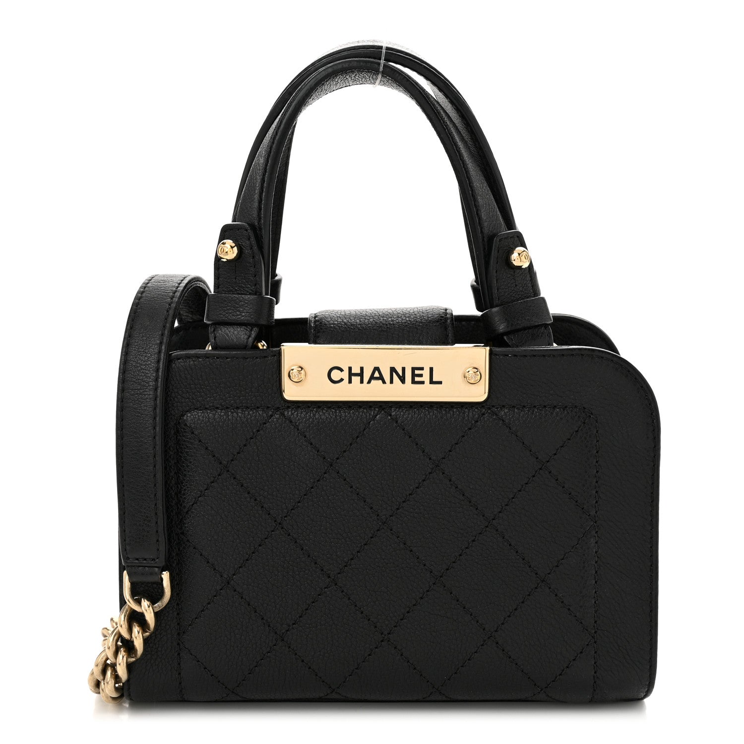 Grained Calfskin Stitched Mini Label  Shopper Black