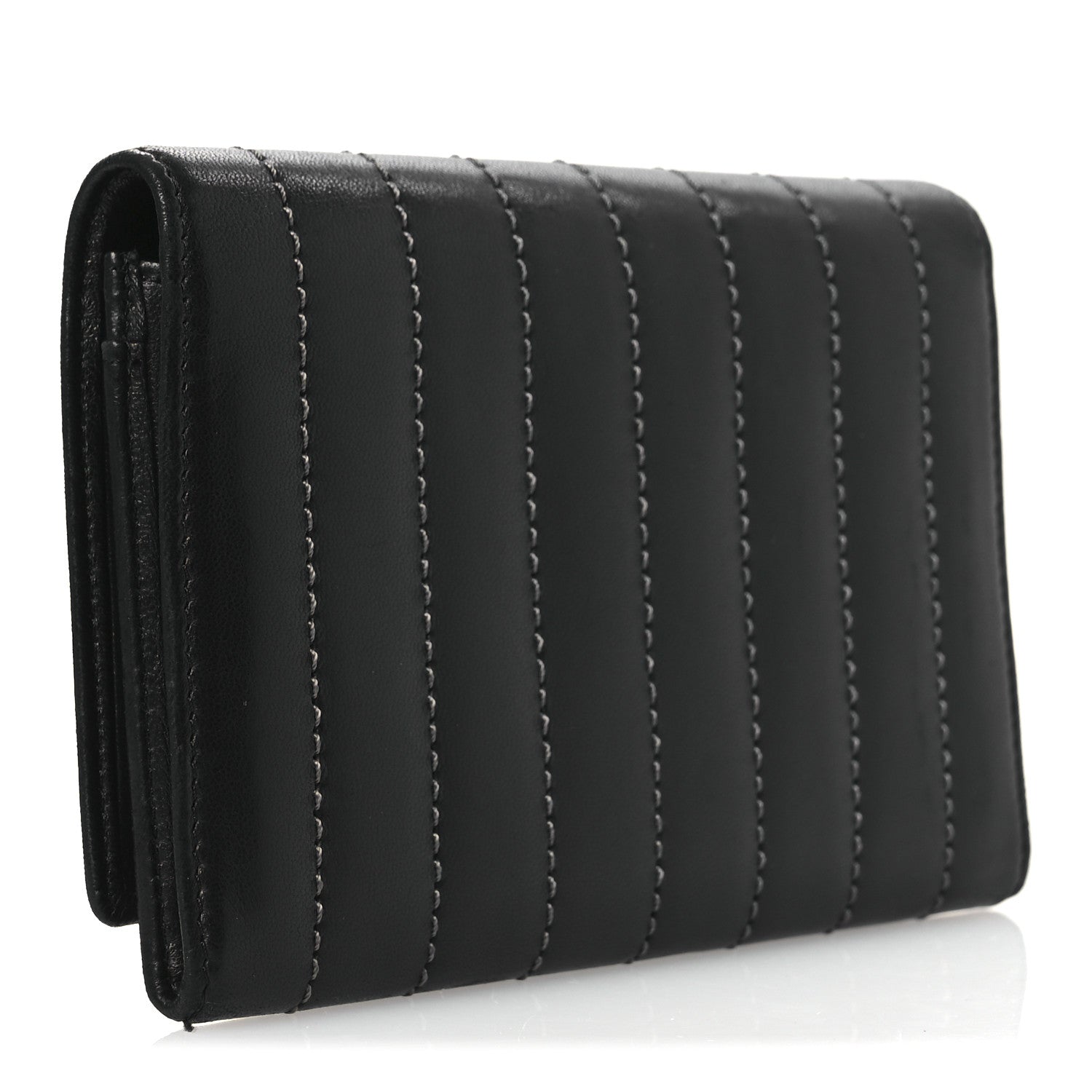 Lambskin Vertical Quilted Mademoiselle Compact Wallet Black