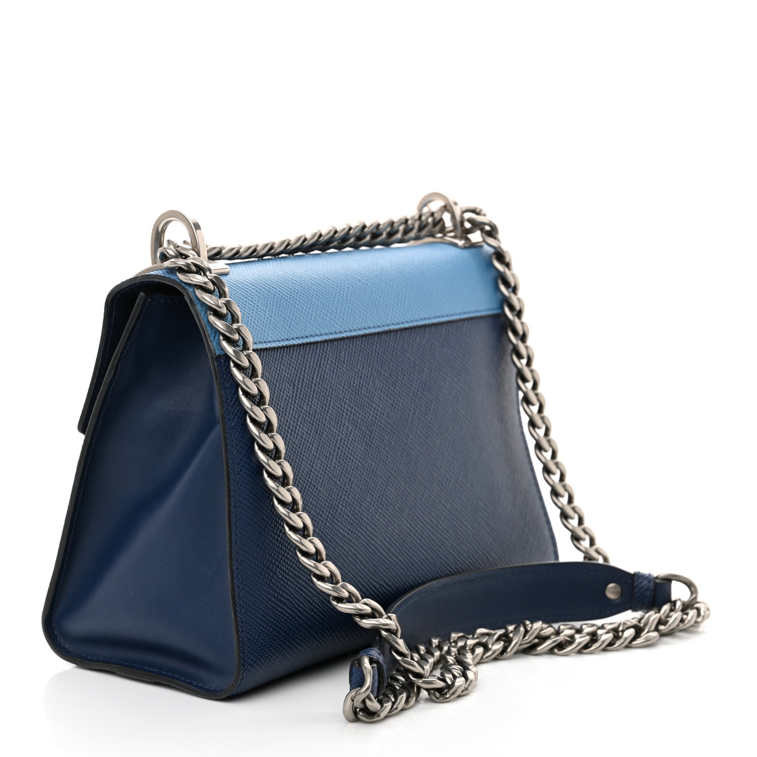 Saffiano Cuir Calfskin Monochrome Robot Patches Envelope Flap Chain Shoulder Bag Blue