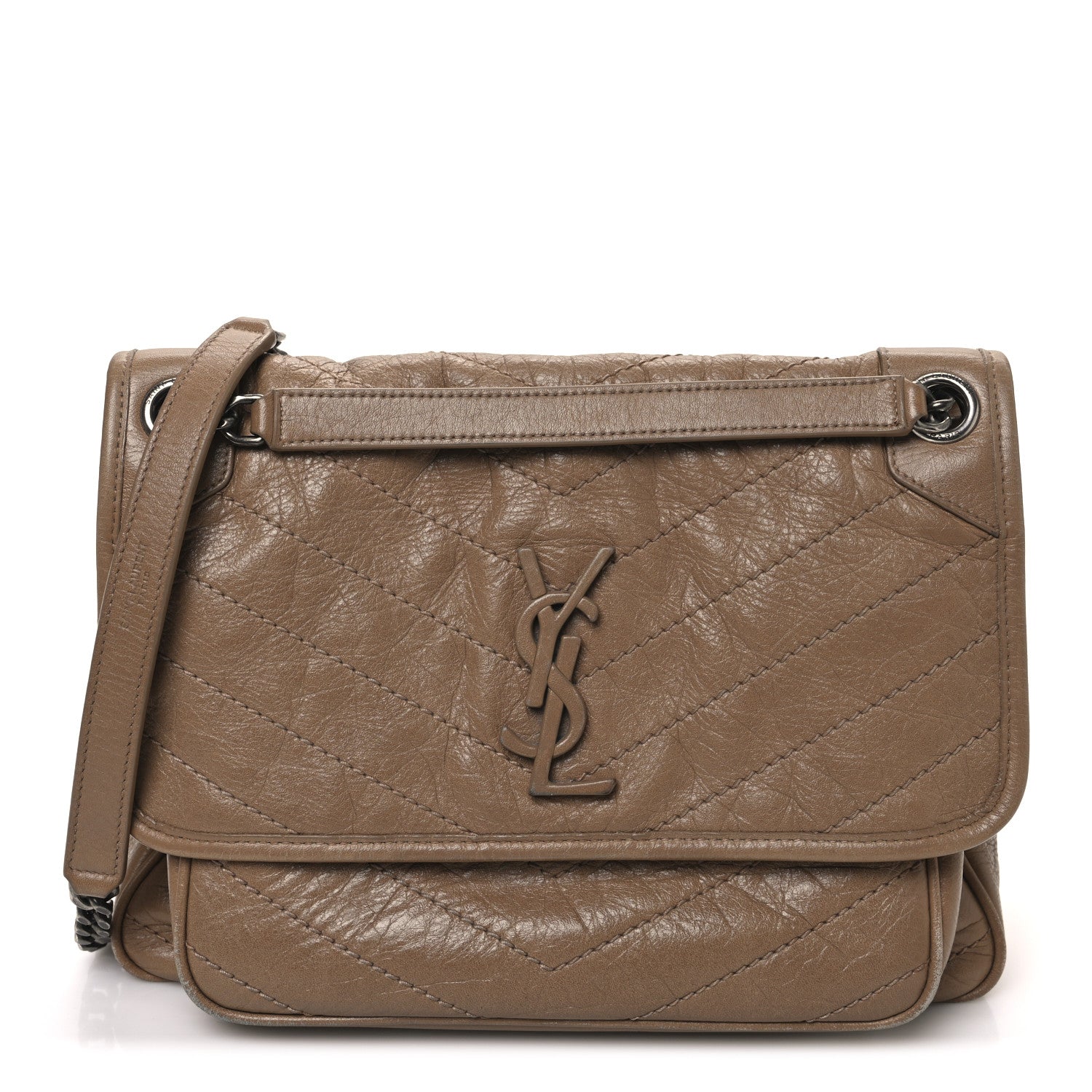Crinkled Calfskin Matelasse Monogram Medium Niki Chain Satchel Natural Tan