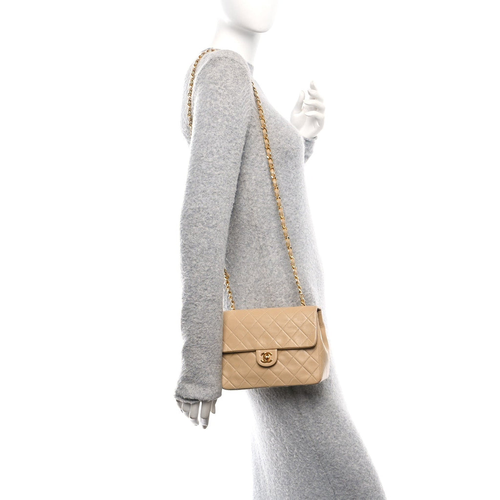 Lambskin Quilted Mini Square Flap Beige