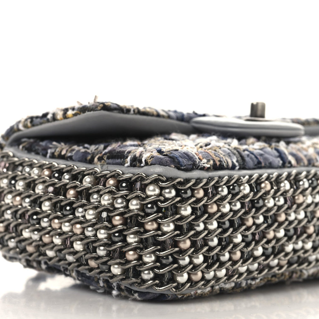 Tweed Quilted Mini Side Pearl Flap Bag Grey