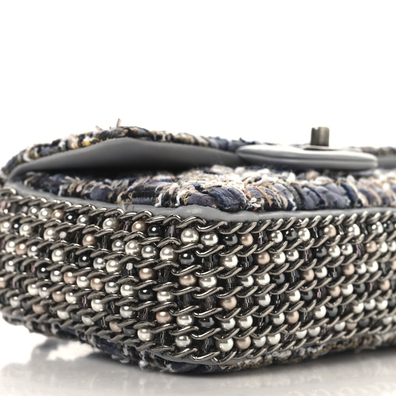Tweed Quilted Mini Side Pearl Flap Bag Grey