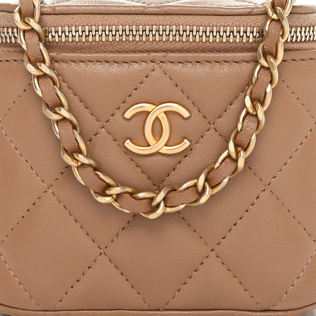 Lambskin Quilted Metal Mini Top Handle Vanity Case With Chain Beige